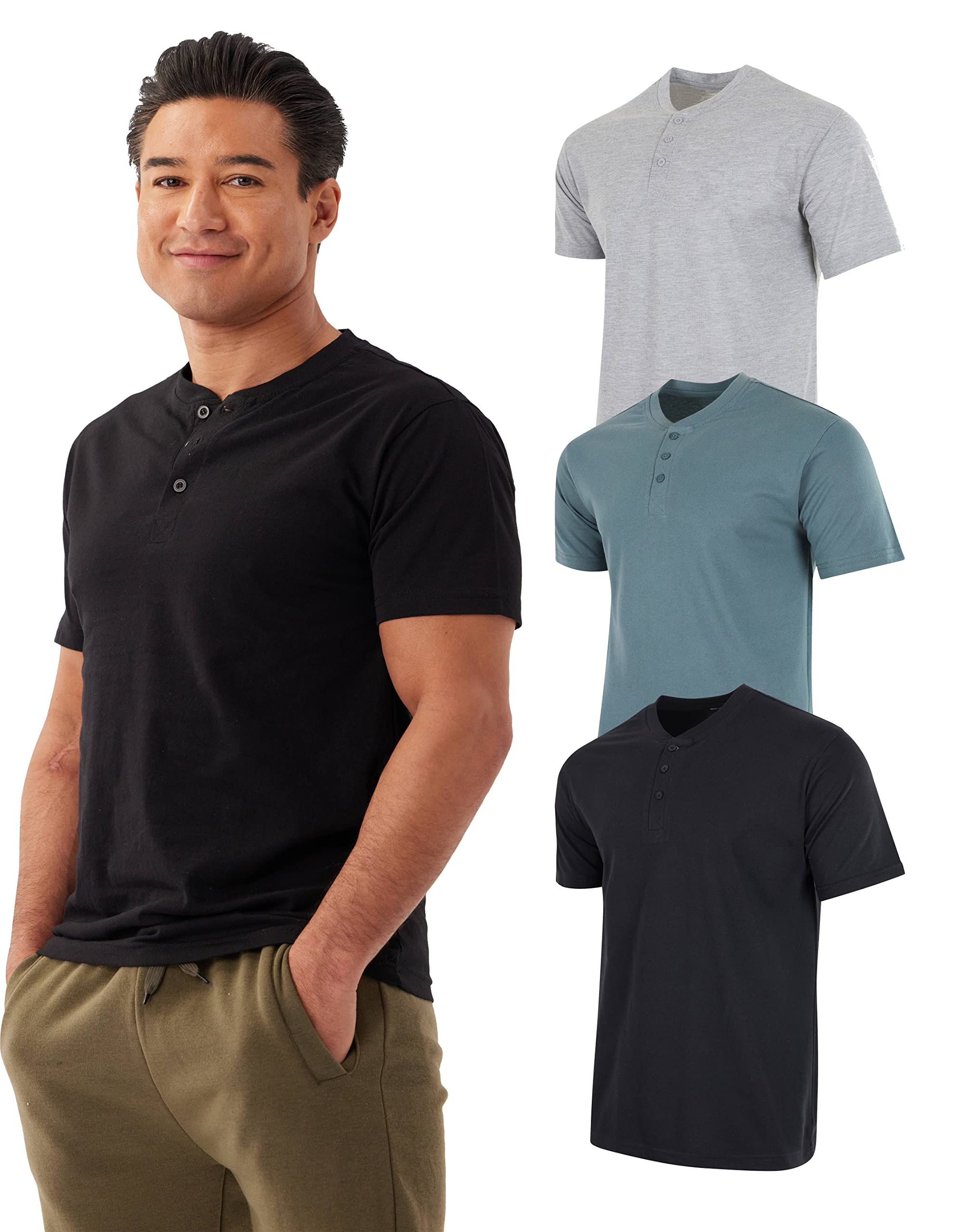 Real Essentials3 Pack: Men's Cotton Short & Long Sleeve Henley T-Shirt Performance Activewear (Available in Big & Tall)