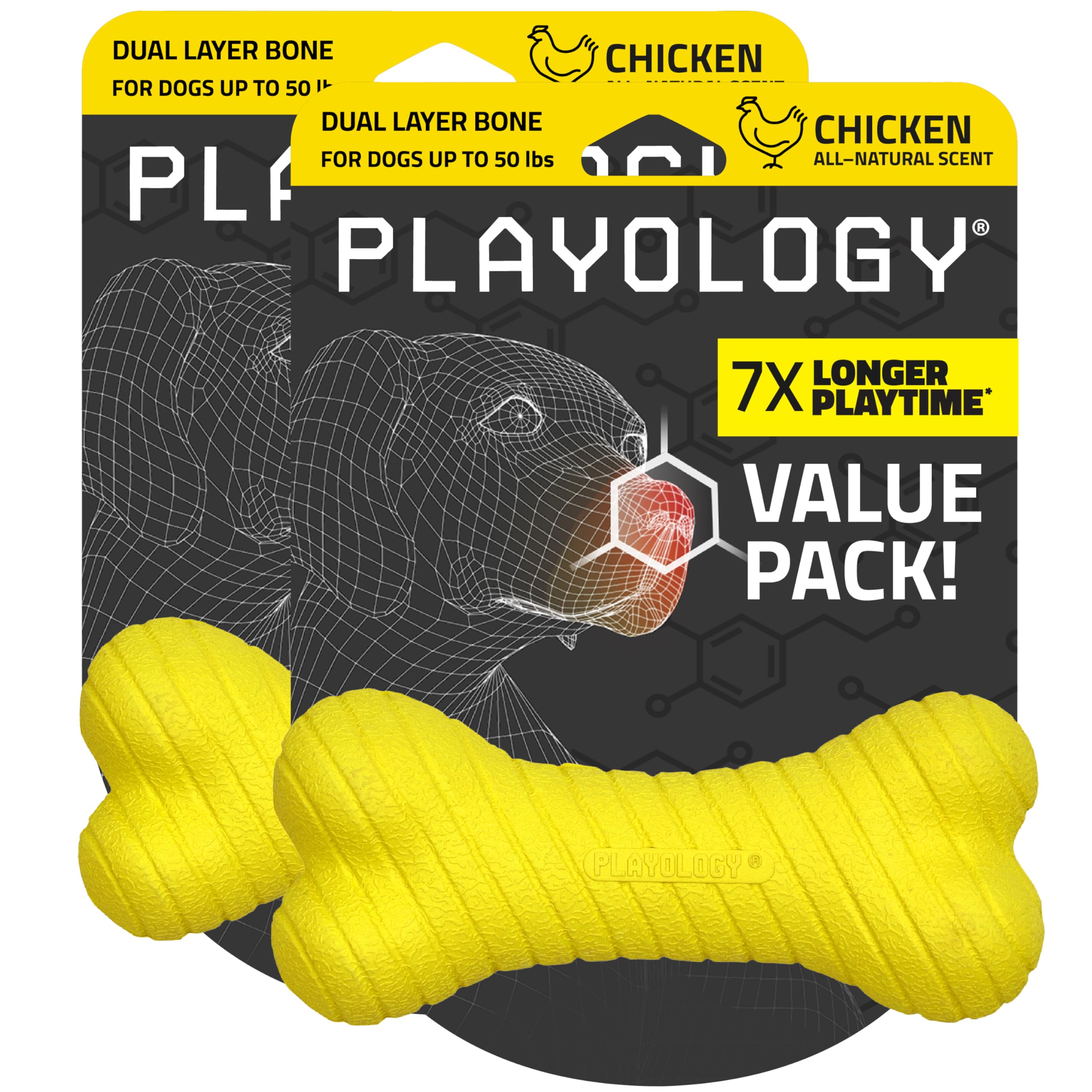 Playology Dual Layer Bone Dog Chew Toy - Medium, Chicken Scent, 2-Pk