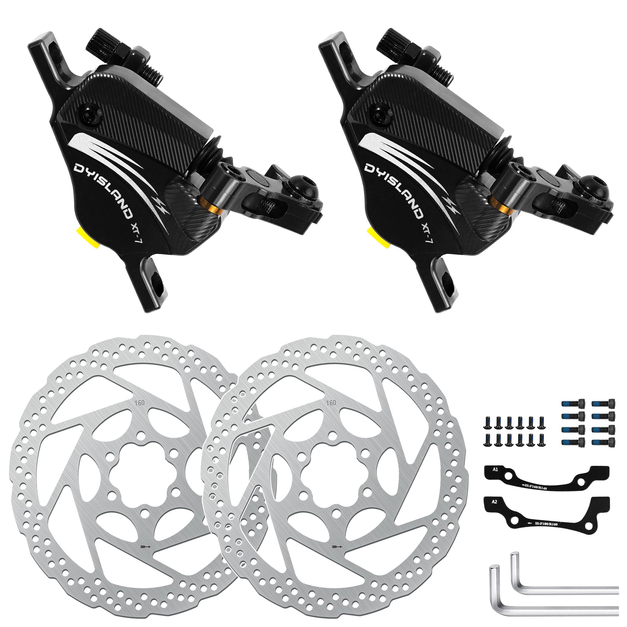 DYISLAND XT-7 Hydraulic Disc Brakes Calipers,Line Pulling/Cable Actuated Front & Rear Brake Calipers for MTB/Mountain/Road Bike/E-Bike (Black-Brakes)