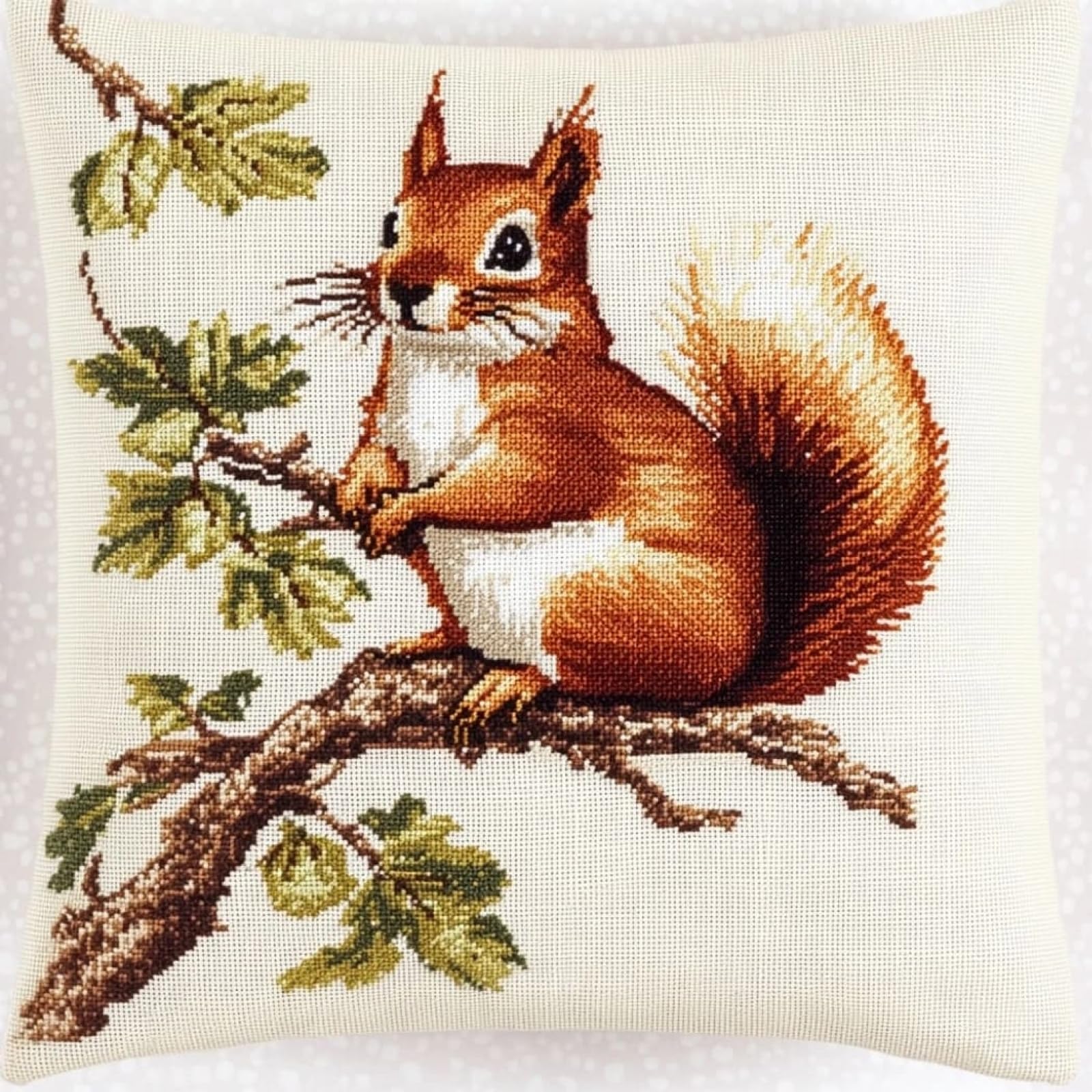 WallustrioaW Cross Stitch Cushion Kits for Adults,Squirrel on the Branch Needlepoint Cushion Kit Cross Stitch Throw Pillow for Creative Home Decor 18x18in