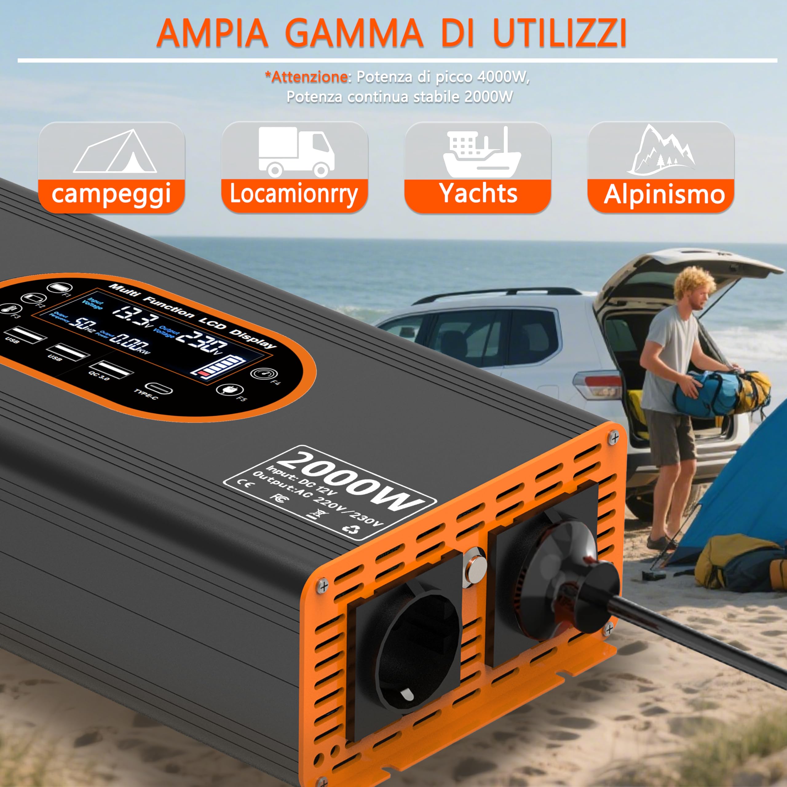 Wechselrichter 2000W 12V auf 230V Reine Sinuswelle - Spannungswandler LCD Display mit 2 EU-Steckdosen und 3 USB Typ-C Port，Steckdose mit Fernbedienung für Wohnmobil Auto Camping