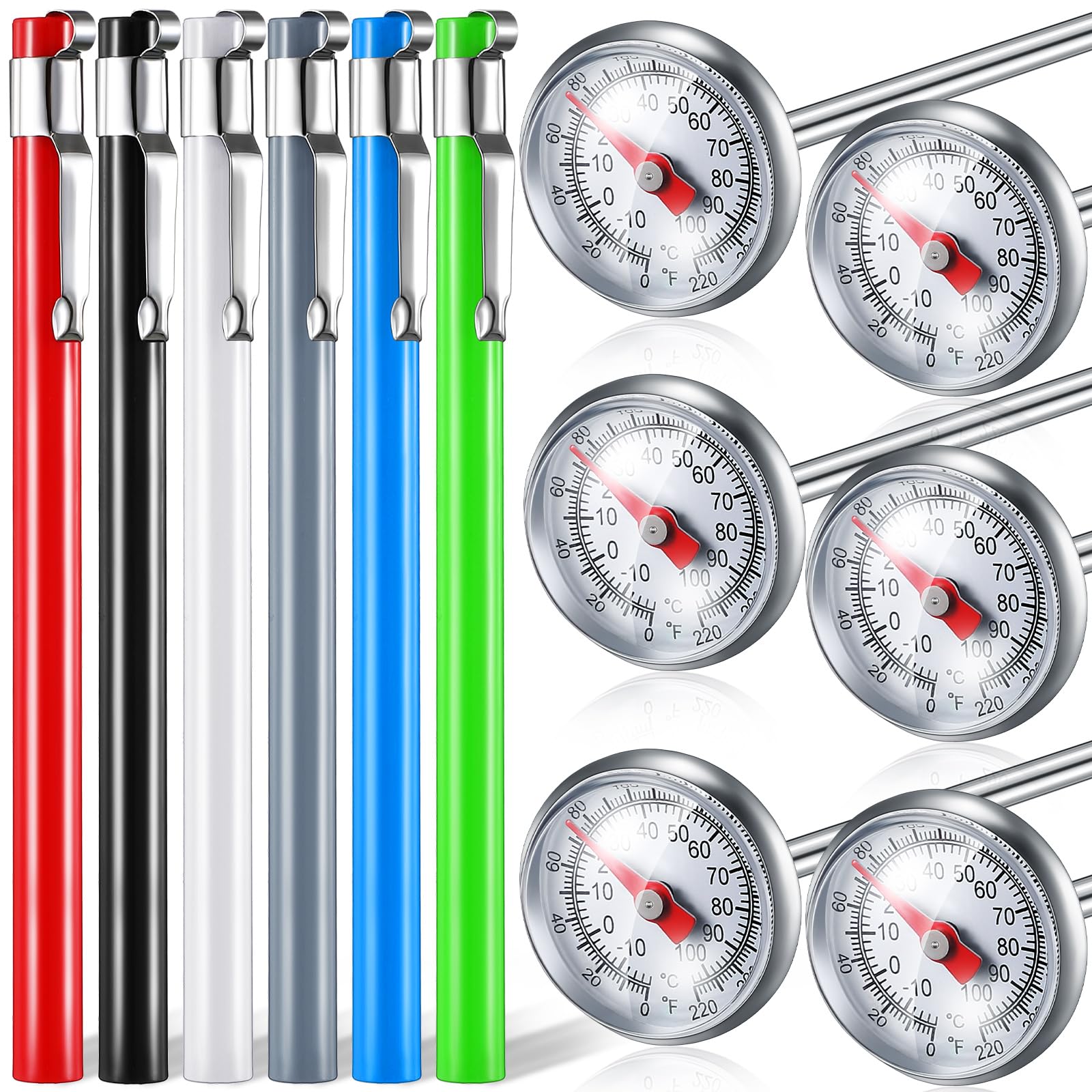 Xuhal 6 termómetros de cocina de acero inoxidable con tallo de 5 pulgadas de largo, termómetro de esfera de 1 pulgada, termómetro de espuma de leche, termómetro de alimentos para sonda de horno,