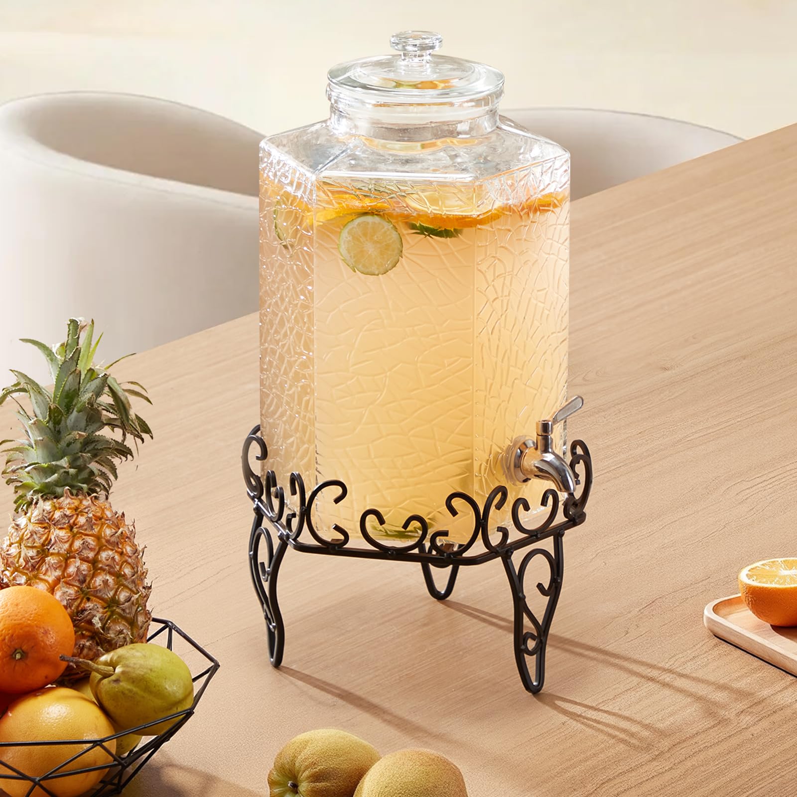 VEVOR Dispensador de Bebidas 10 L para Fiestas, Dispensador de Zumo de Cristal con Soporte Metálico y Grifo de Acero Inoxidable, Ideal para Té Helado, Limonada, Zumo y Agua, 400 x 210 x 210 mm