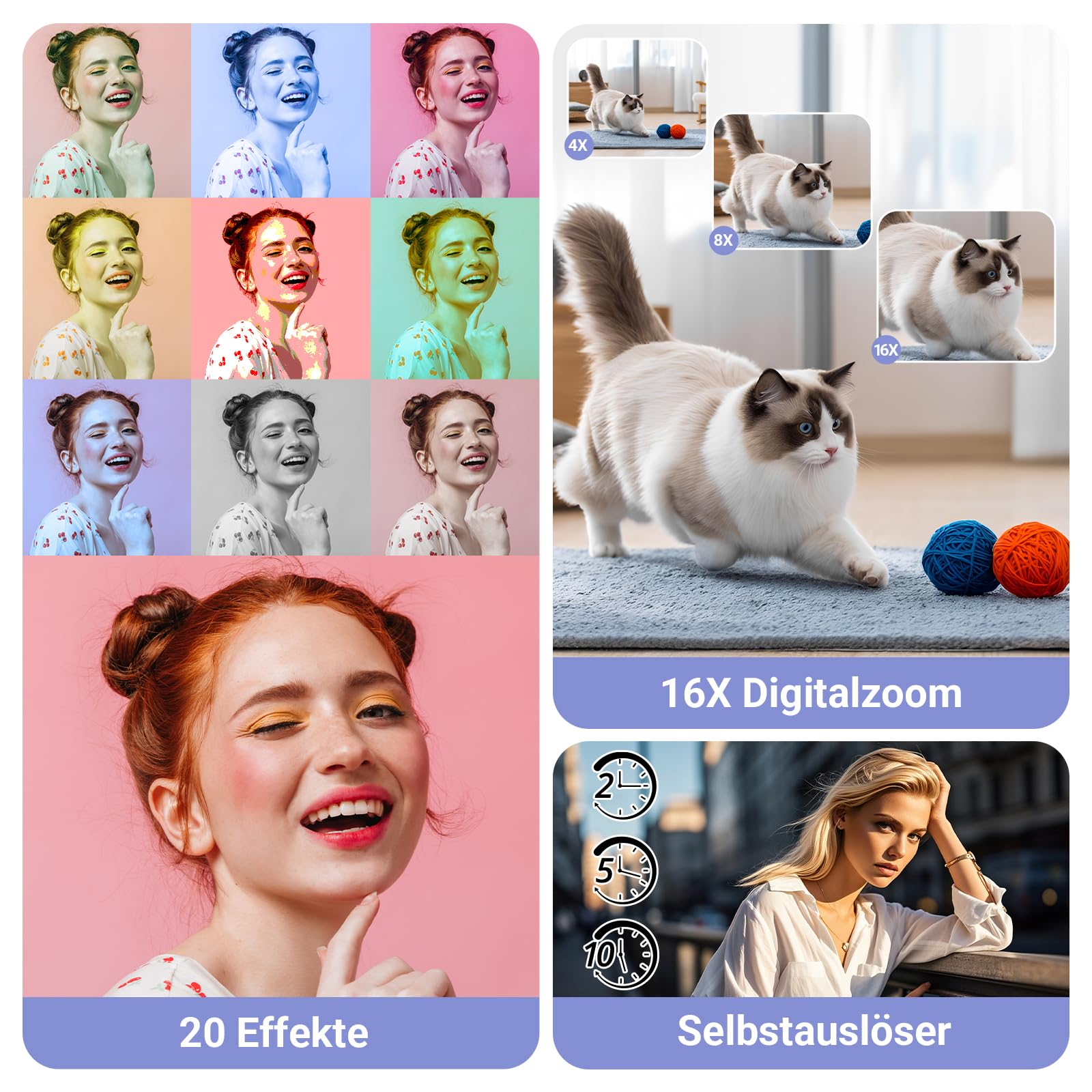 Digitalkamera mit WLAN 4K 64MP WiFi Fotokamera mit 3″ 180° Klappbildschirm, Autofokus,16X Digitalzoom, 2 Akkus & 32GB Karte Kompaktkamera für Vlogging & Fotografie