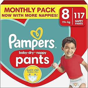 Pampers Baby-Dry Nappy Pants, Size 8 (19kg Plus) 117 Nappies, MONTHLY