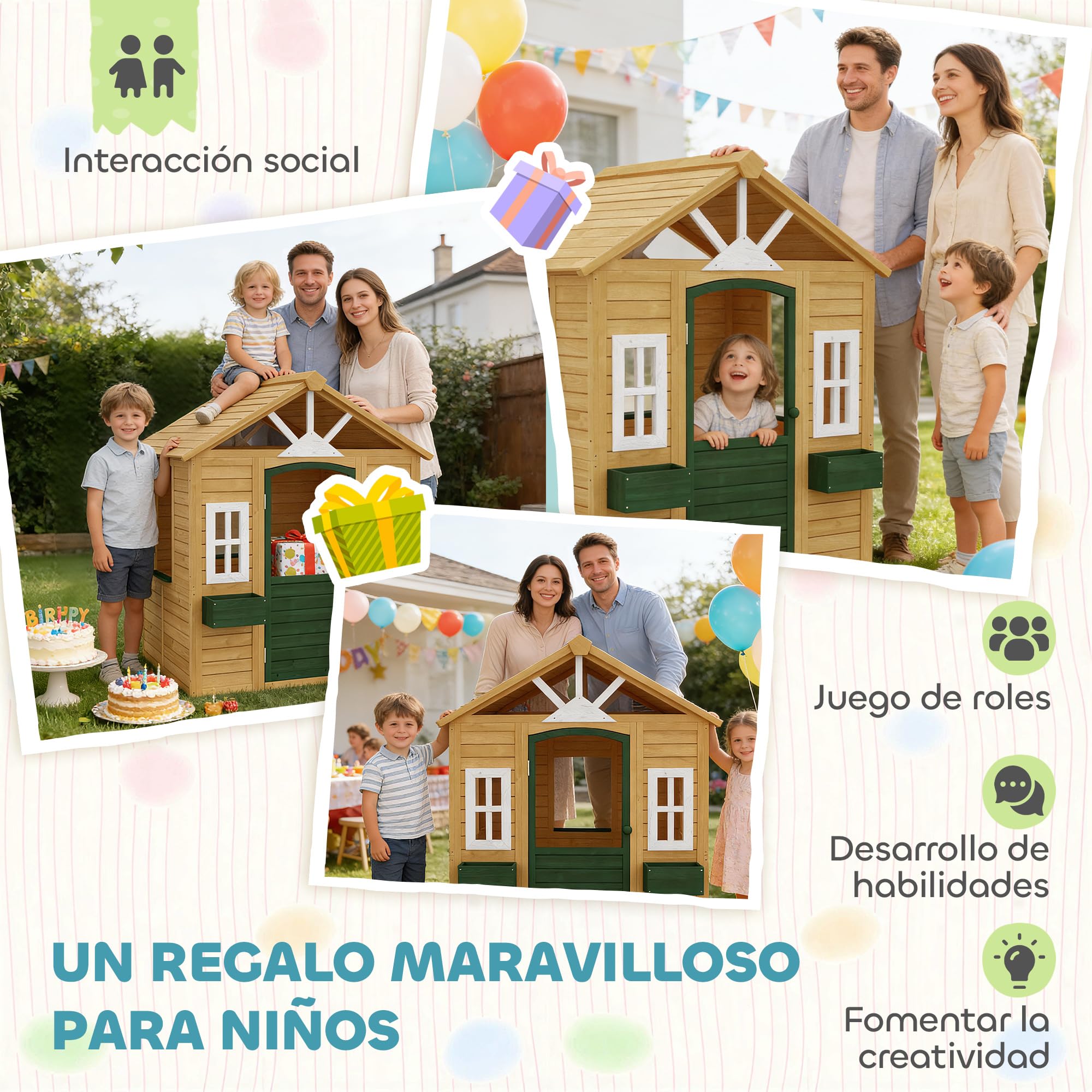 AIYAPLAY Casita Infantil Exterior e Interior de Madera, Casita Infantil con 2 Maceteros, 3 Ventanas, Media Puerta, Casa de Jardín para Niños de 3-8 Años, Marrón