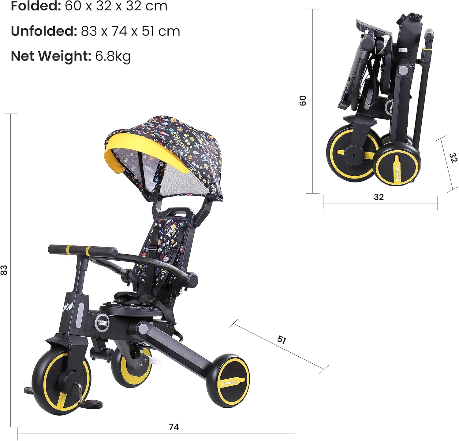 Adventure Pro Summer Edition - Foldable Tricycle for Toddlers-Big Canopy, Basket,Travel Backpack and Parent Bag - Toddler Tricycle for Ages 10 Months to 5 Years (Cosmos/Black)