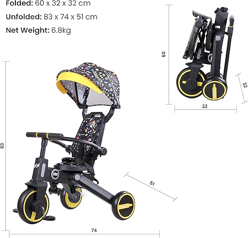 Miniatura 7 de NewtronX Adventure Pro Summer Edition - Triciclo plegable para niños pequeños, toldo grande, cesta, mochila de viaje y bolsa para padres, triciclo