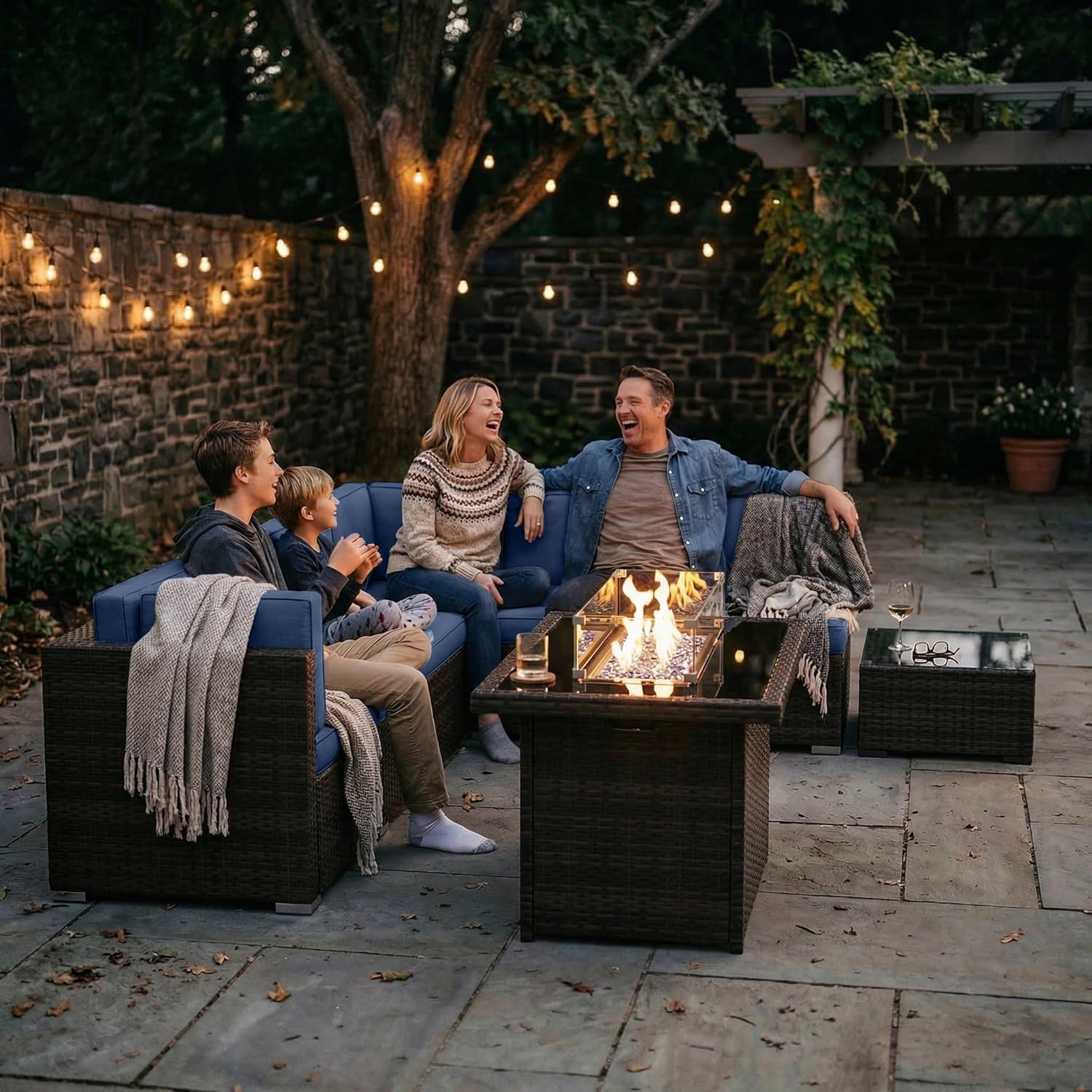 8 Pieces Patio Furniture Set with 44" Propane Gas Fire Pit Table, Outdoor Sectional Brown Rattan Wicker Conversation Sofa Sets with Coffee Table