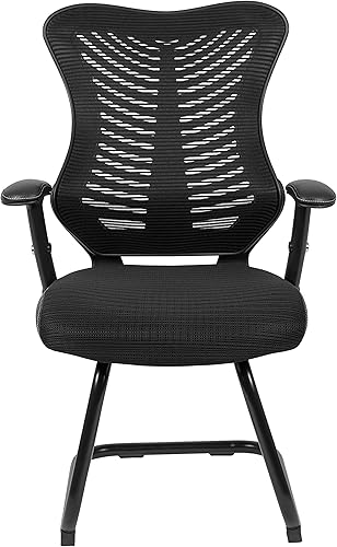 Miniatura 5 de EMMA + OLIVER Silla de invitados de recepción lateral con base de trineo de malla negra de diseñador con brazos ajustables