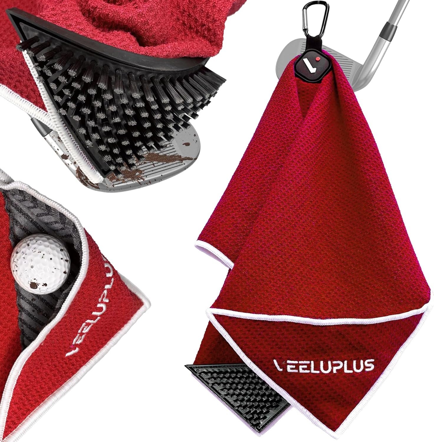4-in-1 Magnetic Golf Towel with Golf Brush & Cleaning Pocket -3 Stage Cleaning System - Super Strong Golf Club Cleaner- Microfiber Waffle-15.7" X 23.6" Golf Accessories and Gifts for Men Women (RED)