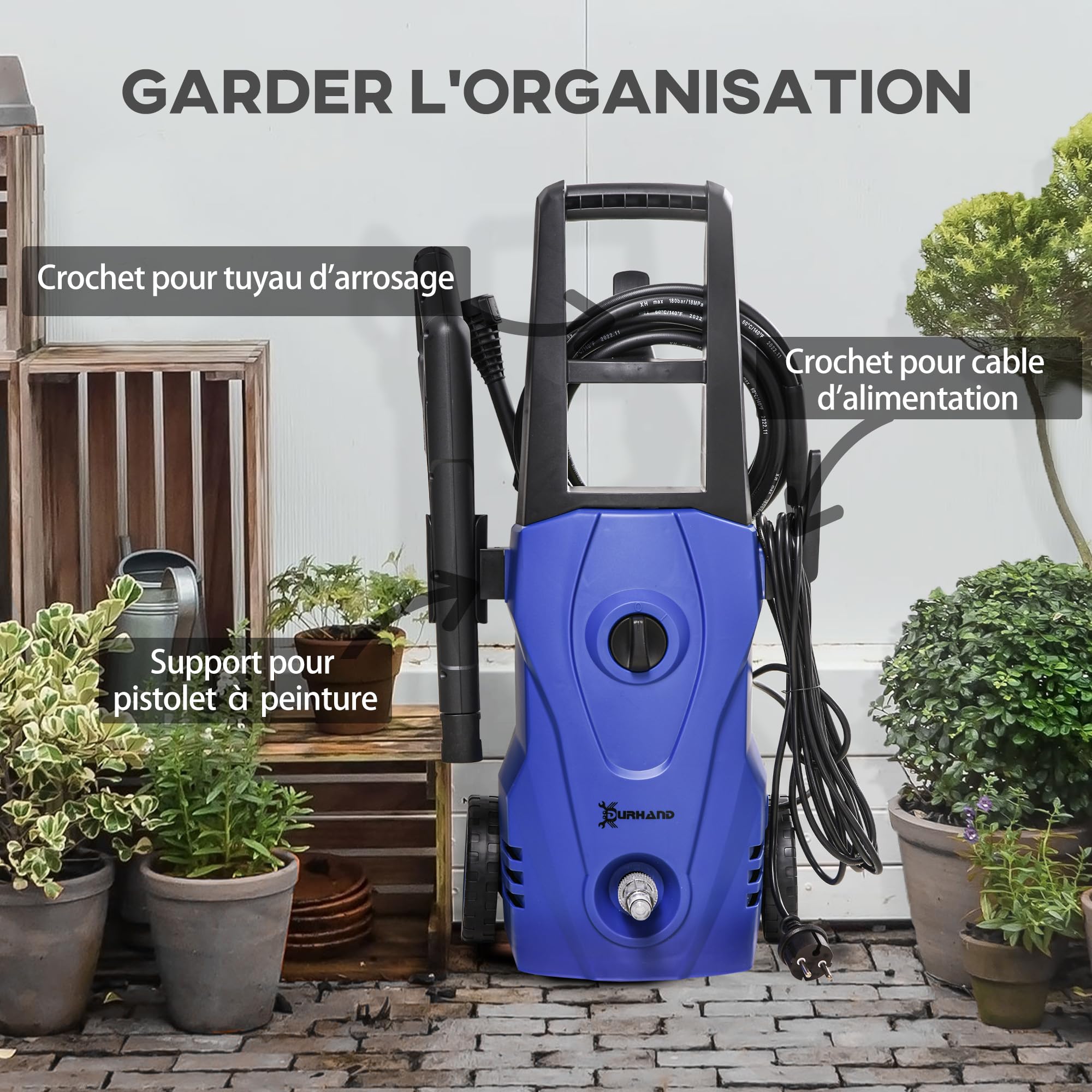 DURHAND Nettoyeur Haute Pression 1600W Débit 432 L/h 23,5x27x68 cm Bleu