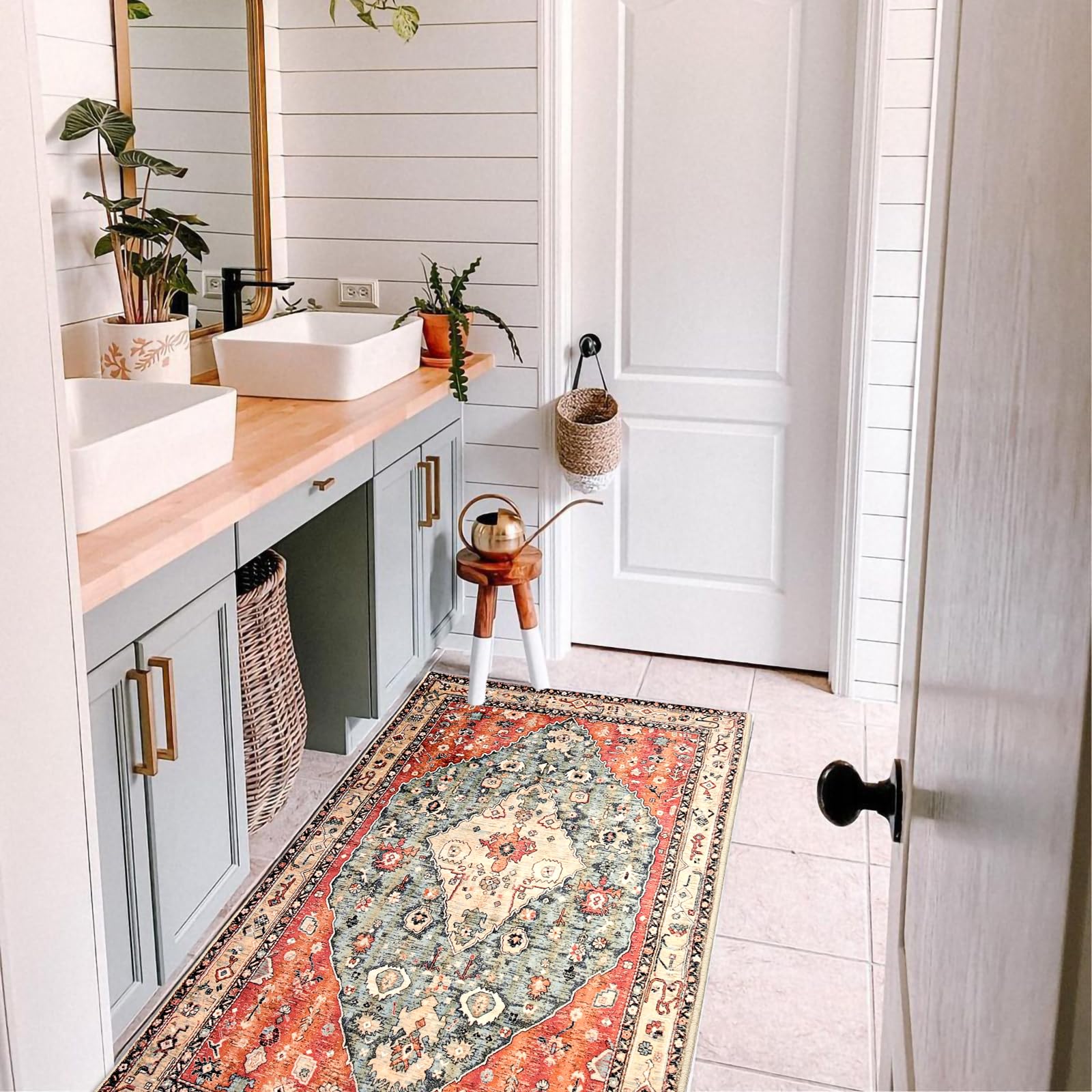 KIMODE Boho Teppich Flur Läufer, 60 x 130cm Waschbarer Klein Kurzflor Schlafzimmer, Weich Kunstwolle Rutschfest Bettvorleger, Vintage Wohnzimmer Esszimmer Rot