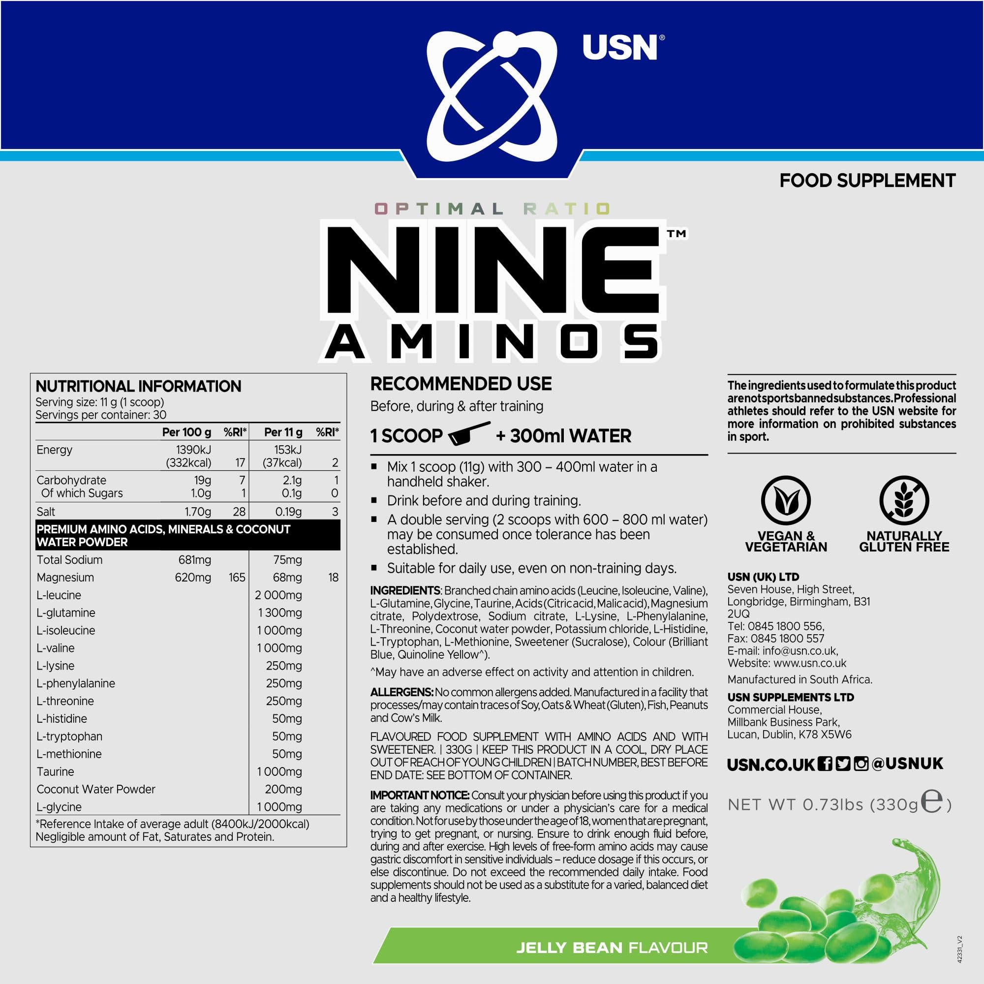 USN Nine Aminos (330g) Caramelos verdes - Aminoácidos - Mezcla de aminoácidos