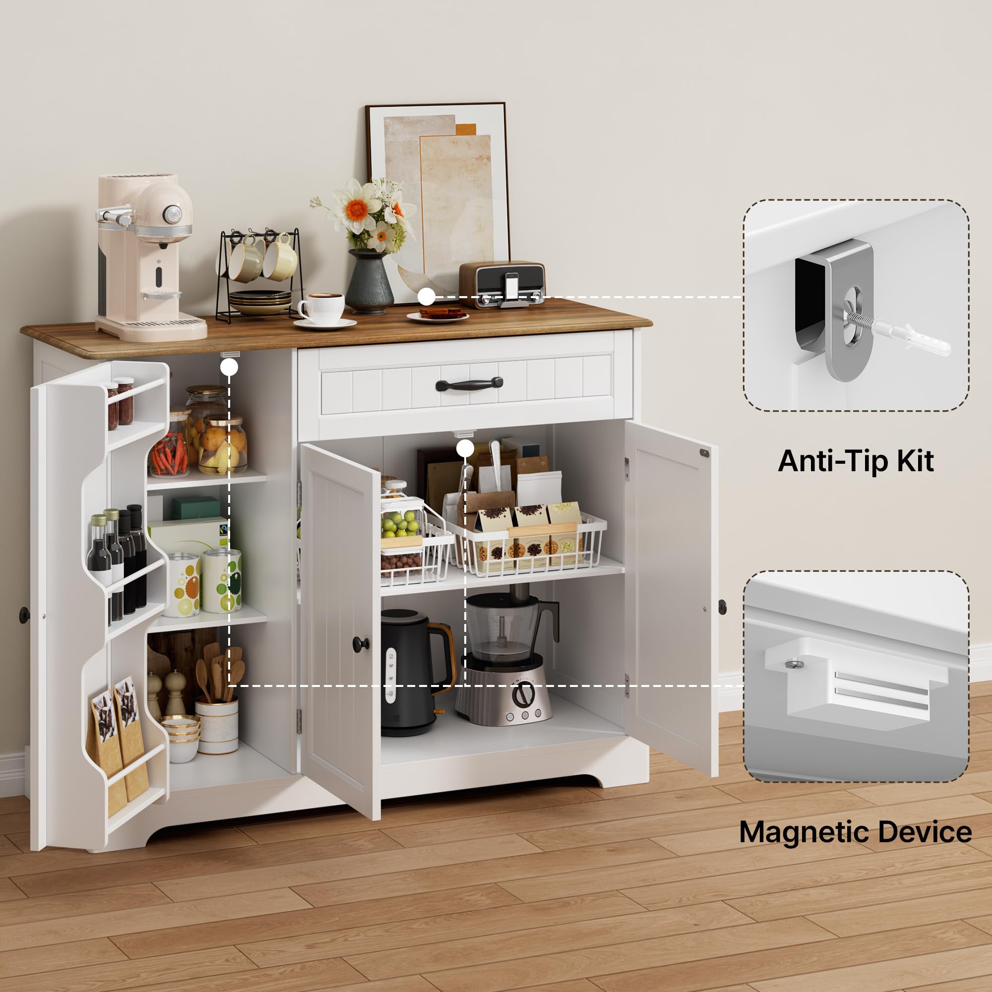 Xbro Credenza con 1 Cassetto e 3 Ante, Mobile Buffet con Spazio di Archiviazione a 3 Livelli, Chiusura Ribaltabile e Angoli Arrotondati, per Cucina, Soggiorno o Camera da Letto, Vintage