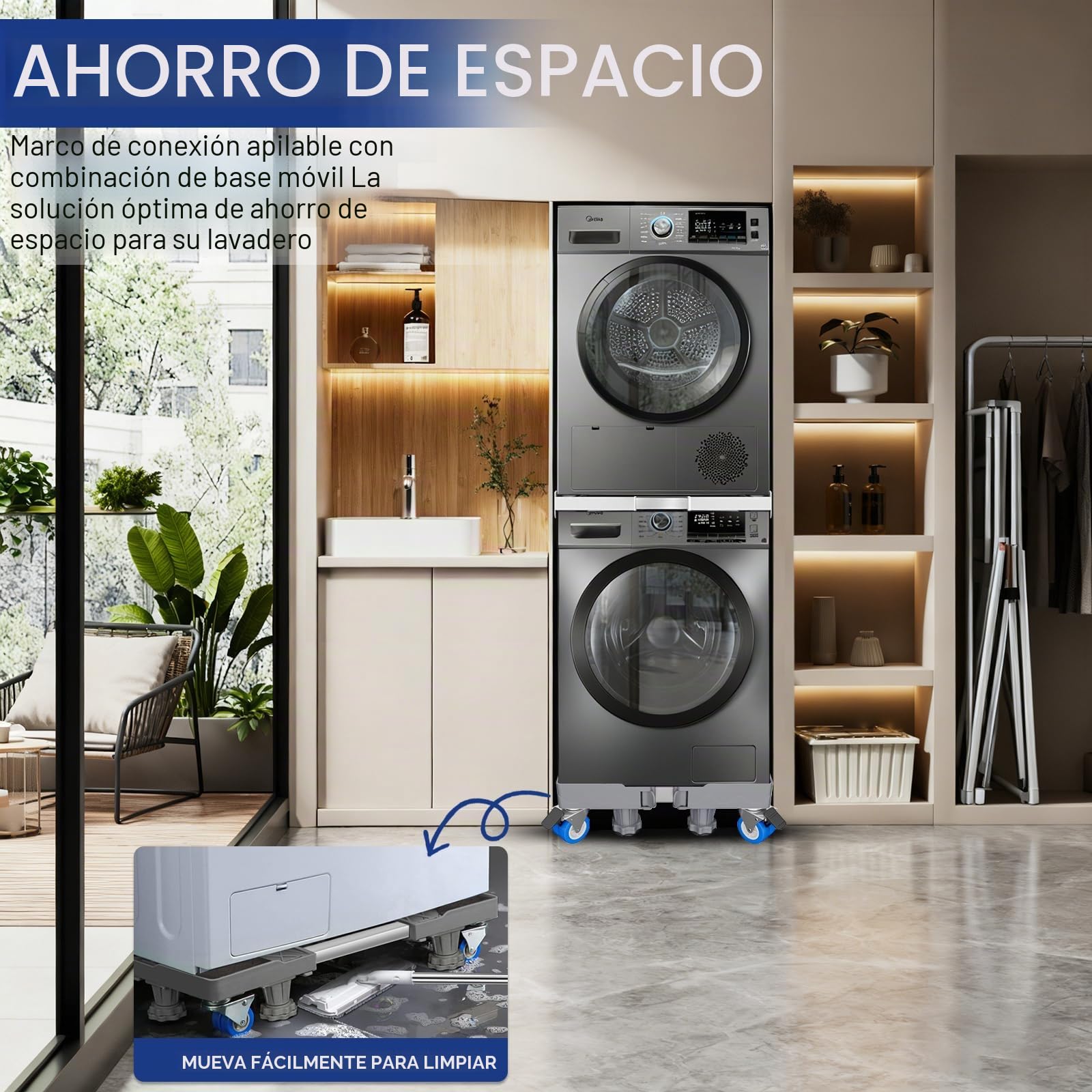 Bastidor y Base de Conexión para Lavadora y Secadora – Marco Ajustable (46-72 cm) + Base con Ruedas (43-60 cm), 8 Patas Antivibración, 4 Ruedas con Freno, Correa de Trinquete, Ahorro de Espacio
