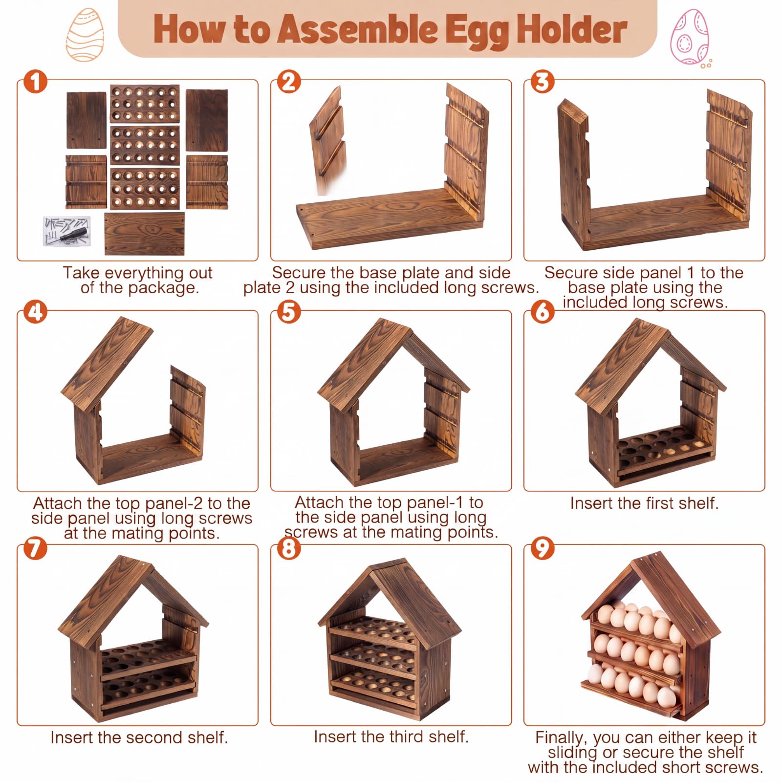 Remerry Soporte para huevos de madera para encimera, 3 niveles, forma de casa, almacenamiento de huevos frescos, cesta extraíble para el hogar, sala de manualidades, granja, cocina, mostrador
