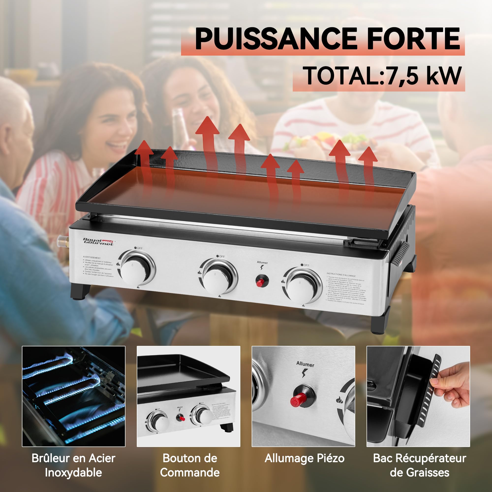 Royal Gourmet Gasplatte aus emailliertem Stahl, 3 Brenner, Leistung 7,5 kW, Kochfläche 62,0 x 35,5 cm, tragbar für Camping und Outdoor