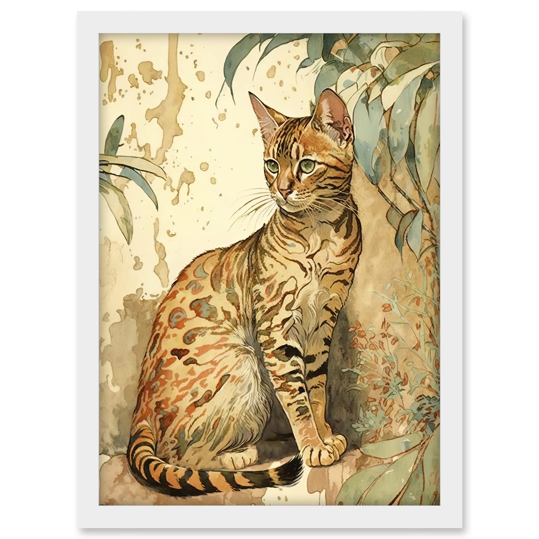 Artery8 Marble Coat Bengal Cat Perched on Street Wall Watercolour Illustration Artwork Framed A3 Wall Art Print