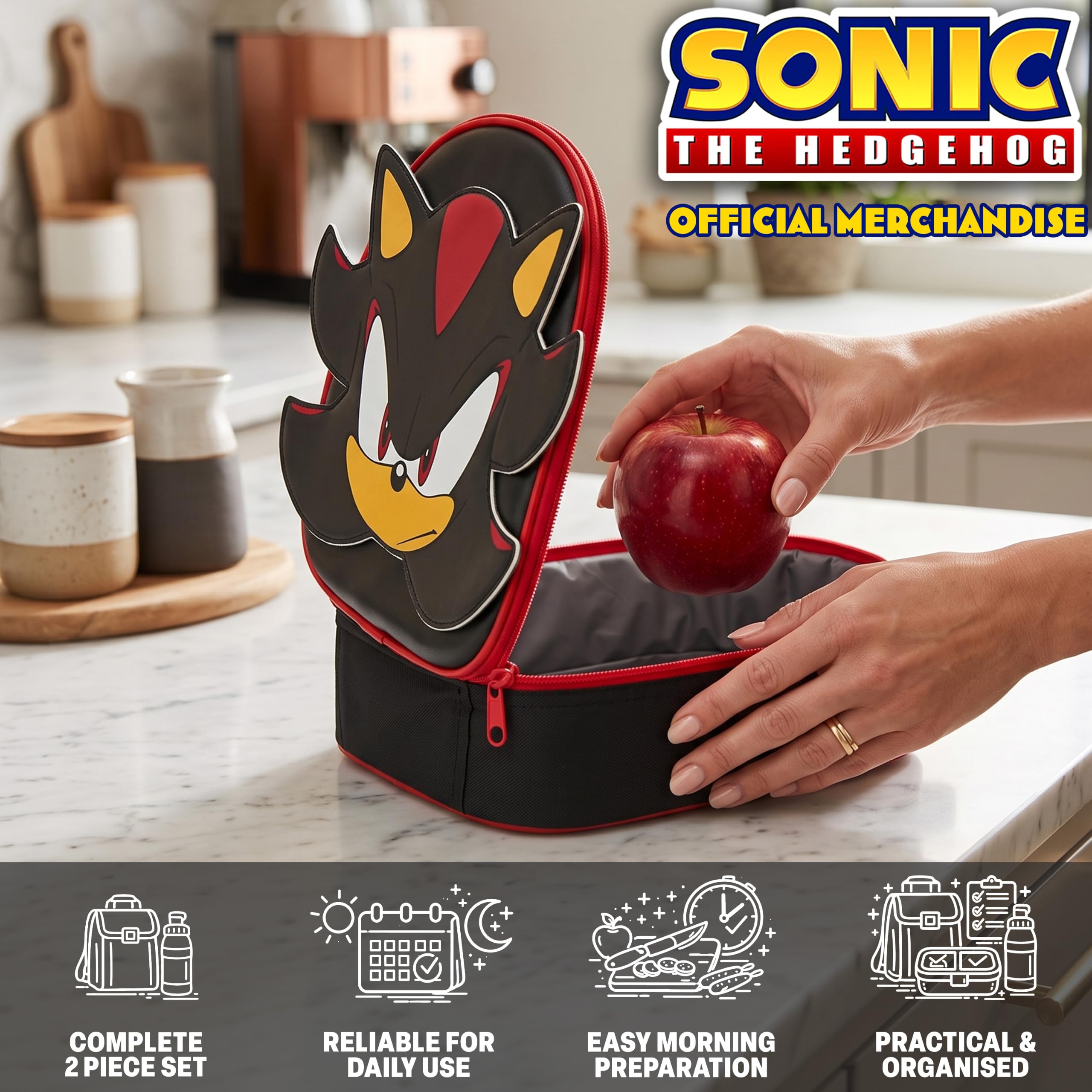 Sonic the Hedgehog 3D Sac Isotherme Repas et Gourde Enfant Set, Shadow Lunch Bag Isotherme avec Fermeture Éclair et Sans BPA Gourde Air Up, École ou Pique Nique, Cadeau Enfant (Noir/Rouge Shadow)