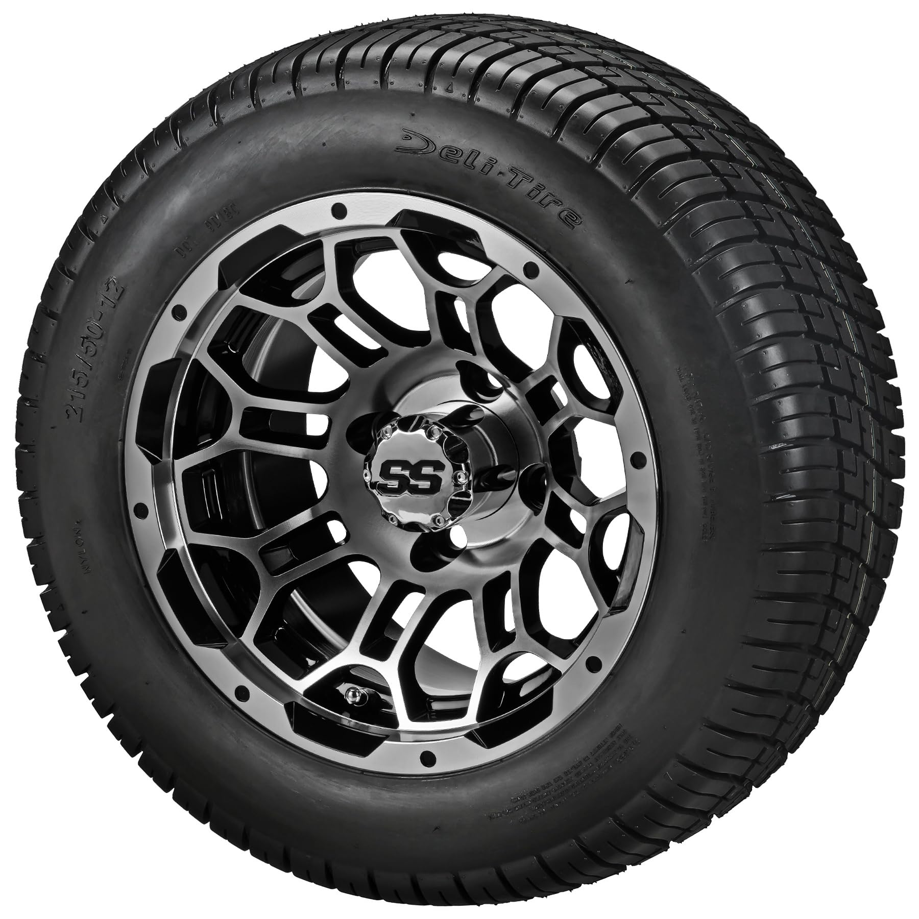 12" Hercules Black/Machined on 215/50-12 Deli Tires (Set of 4) | Golf Cart Tires and Wheels Combo with Metric Lug Nuts
