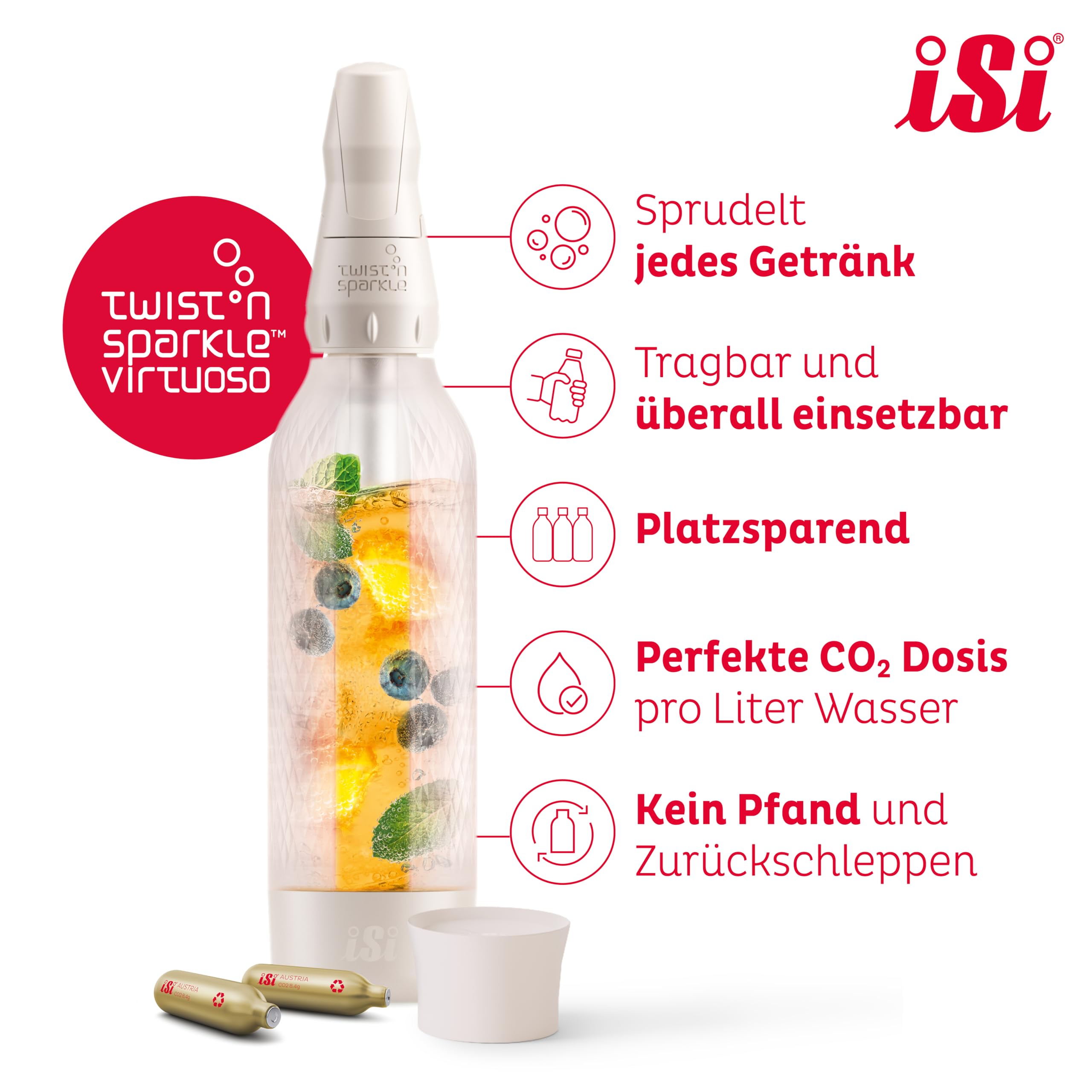 iSi Twist'n Sparkle Virtuoso Spruzzatore d'acqua 0,95 l – Soda Maker per acqua frizzante, succhi e cocktail – Sprudler & Soda Maker con custodia in silicone antiscivolo – Macchina alternativa per