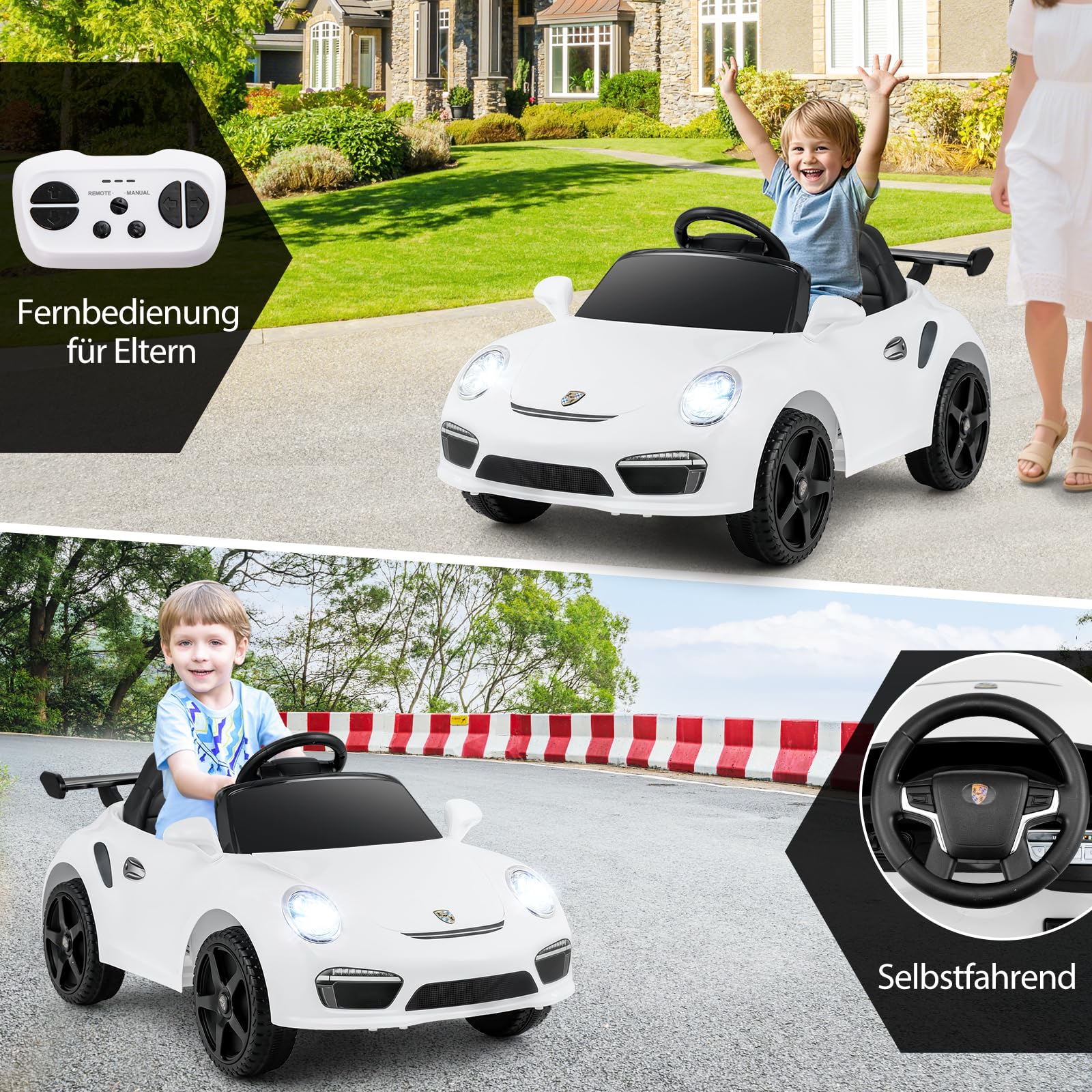COSTWAY Kinder Elektroauto Porsche, 12V Kinderauto elektisch mit Fernbedienung, mit Musik, LED-Lichtern, Hupe & 2 Geschwindigkeiten, Elektrofahrzeug für Jungen und Mädchen ab 3 Jahren (Weiß)