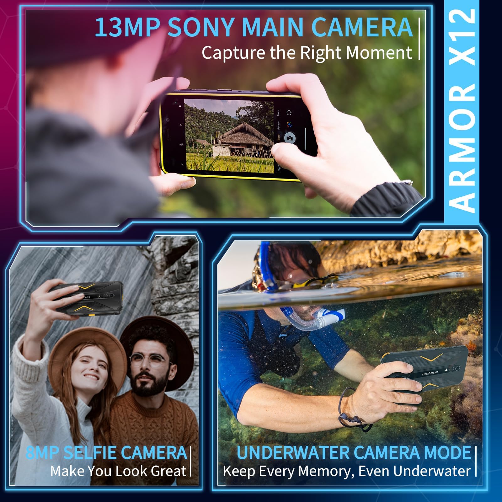 X12 Smartphone Rugged, Telefono Indistruttibile 6GB RAM + 32GB ROM, Display HD+ da 5,45", Fotocamera 13MP, IP68/IP69K Waterproof, Batteria 4860mAh, 4G Dual SIM/NFC/OTG/GPS, Nero