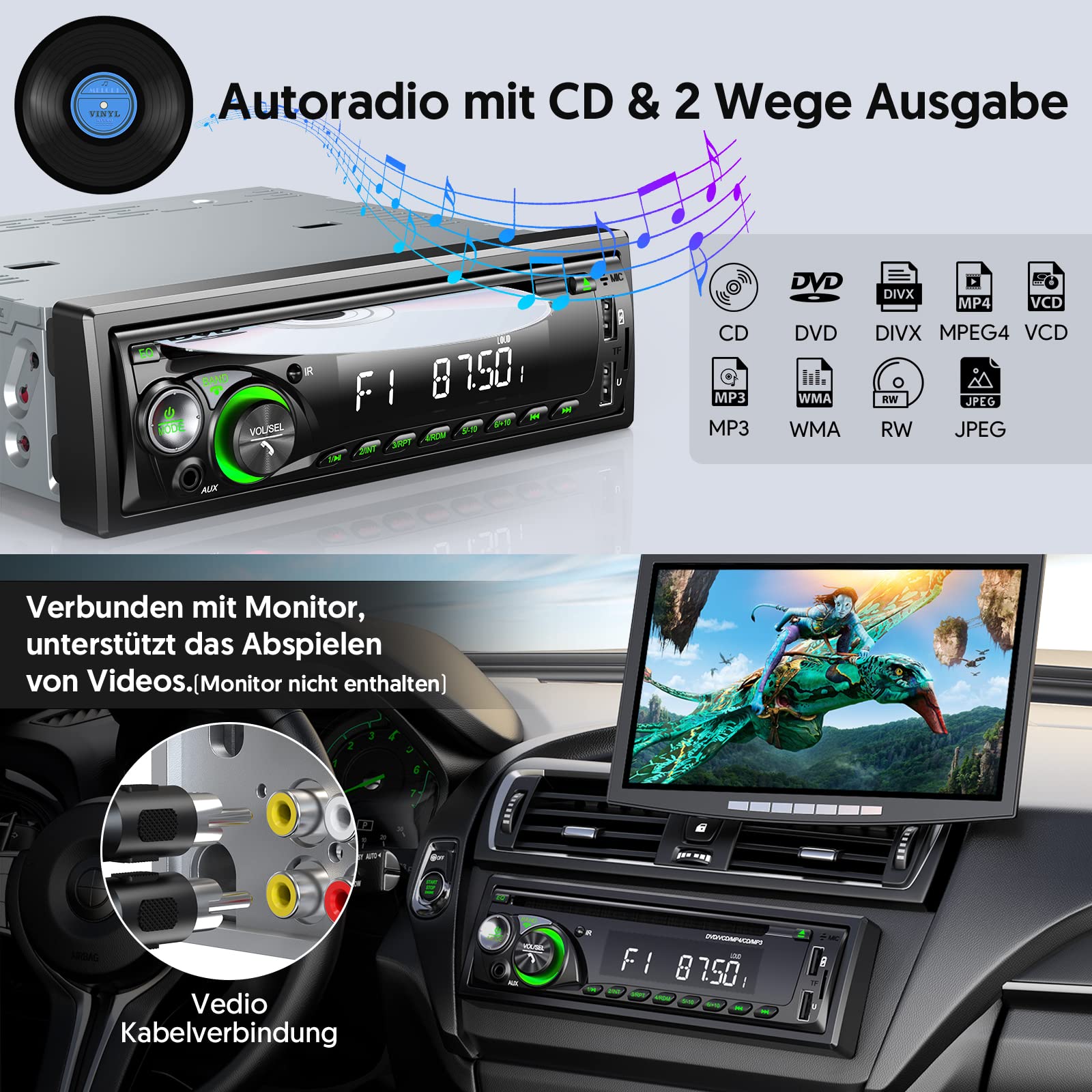 9-24V Autoradio mit CD DVD Player und Bluetooth Freisprecheinrichtung,RDS 1DIN Autoradio 7 Farben MP3 Player FM/AM Radio mit 2 USB SD/AUX/Lenkradfernbedienung