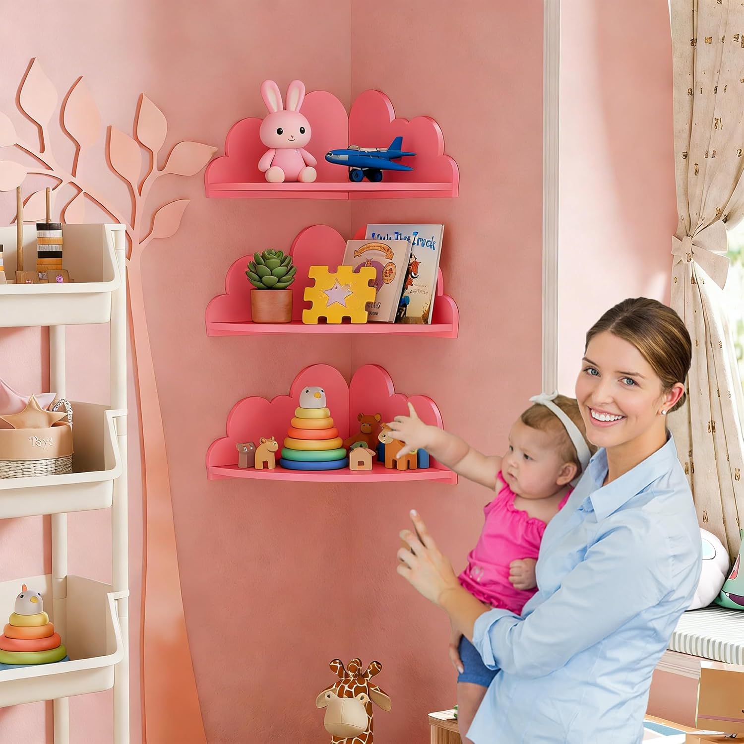 Cloud Corner Floating Shelves, Set of 3 Cloud Corner Shelf Wall Mounted, Cute Nursery Wall Decor, Small Wooden Display Shelf for Kid’s Room, Toys, Plants & Storage, Pink