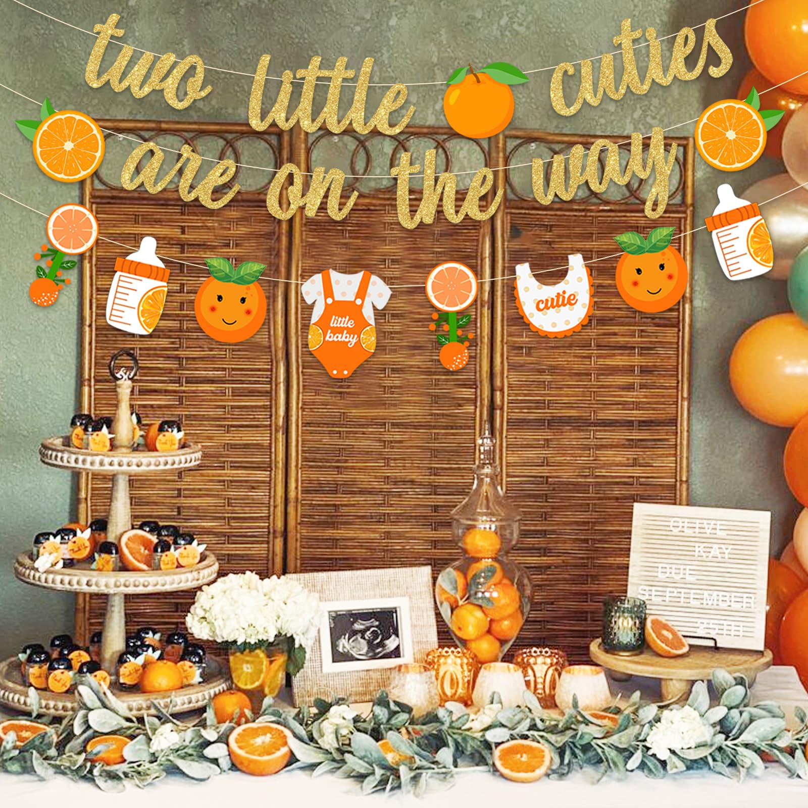Jollyboom Two Little Cuties Babyparty-Schärpe – Für Mutter Von Zwillingen, Orange-grünes Satin-Design – Für Geschlechtsoffenbarung & Feier