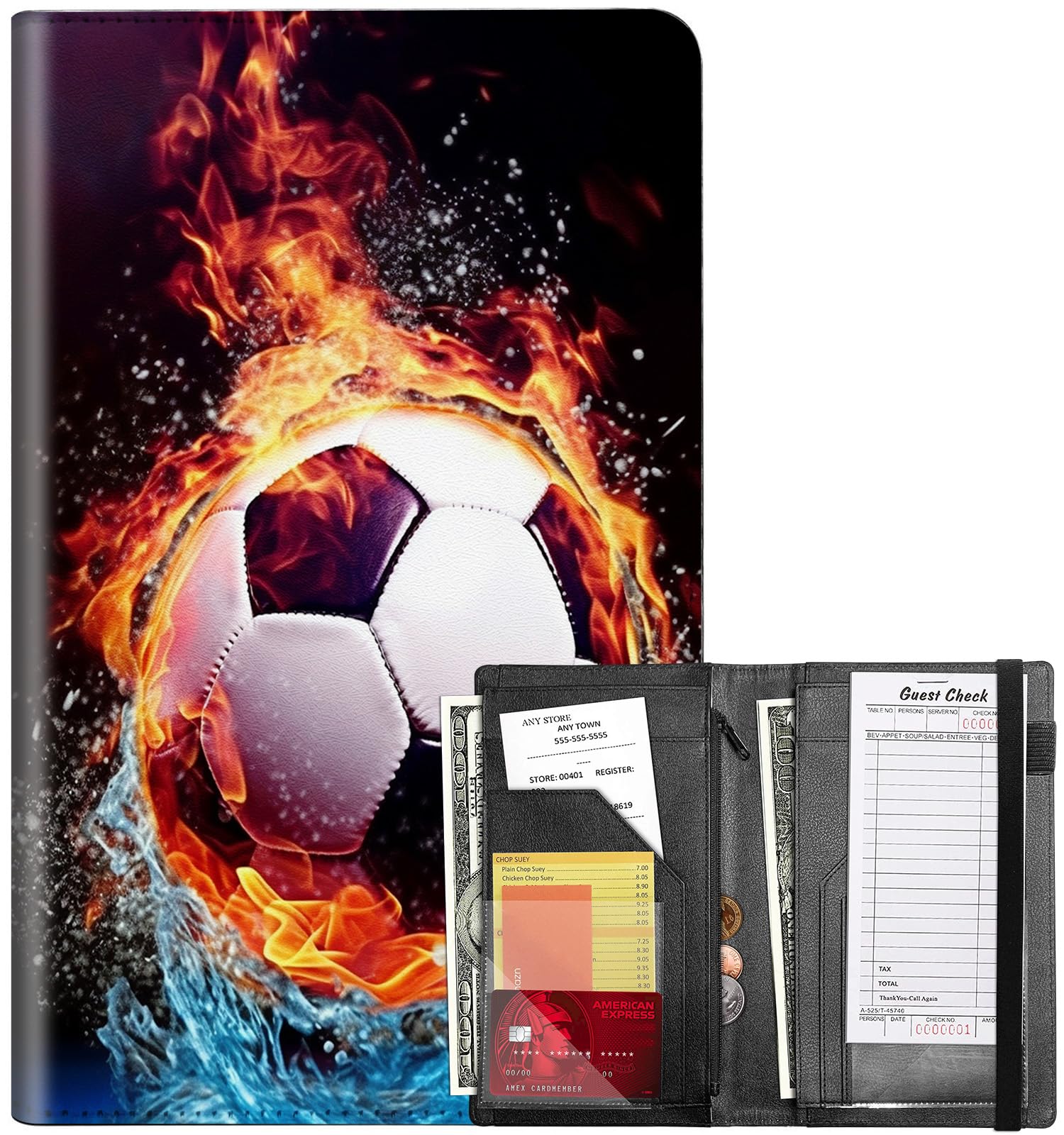 Server Books for Waitress, Waitress Book with Elastic Bandage Closure PU Leather Organizer with Zipper Money Pocket Fit Server Apron, Water Fire Soccer Ball