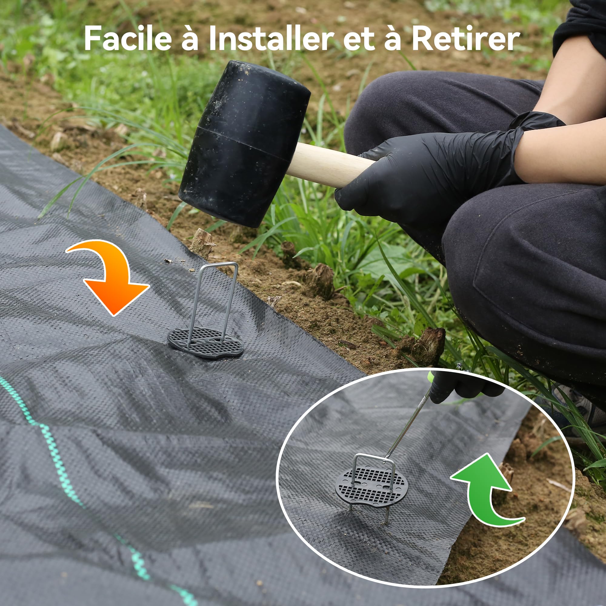 200Pcs 15cm Piquets de Jardin Robustes Ø 3mm avec 200Pcs de Joint - Agrafes en Acier Galvanisé pour Fixer Toiles Anti-Mauvaises Herbes, Filets et Les Tubes avec 1 Crochet de Ramassage