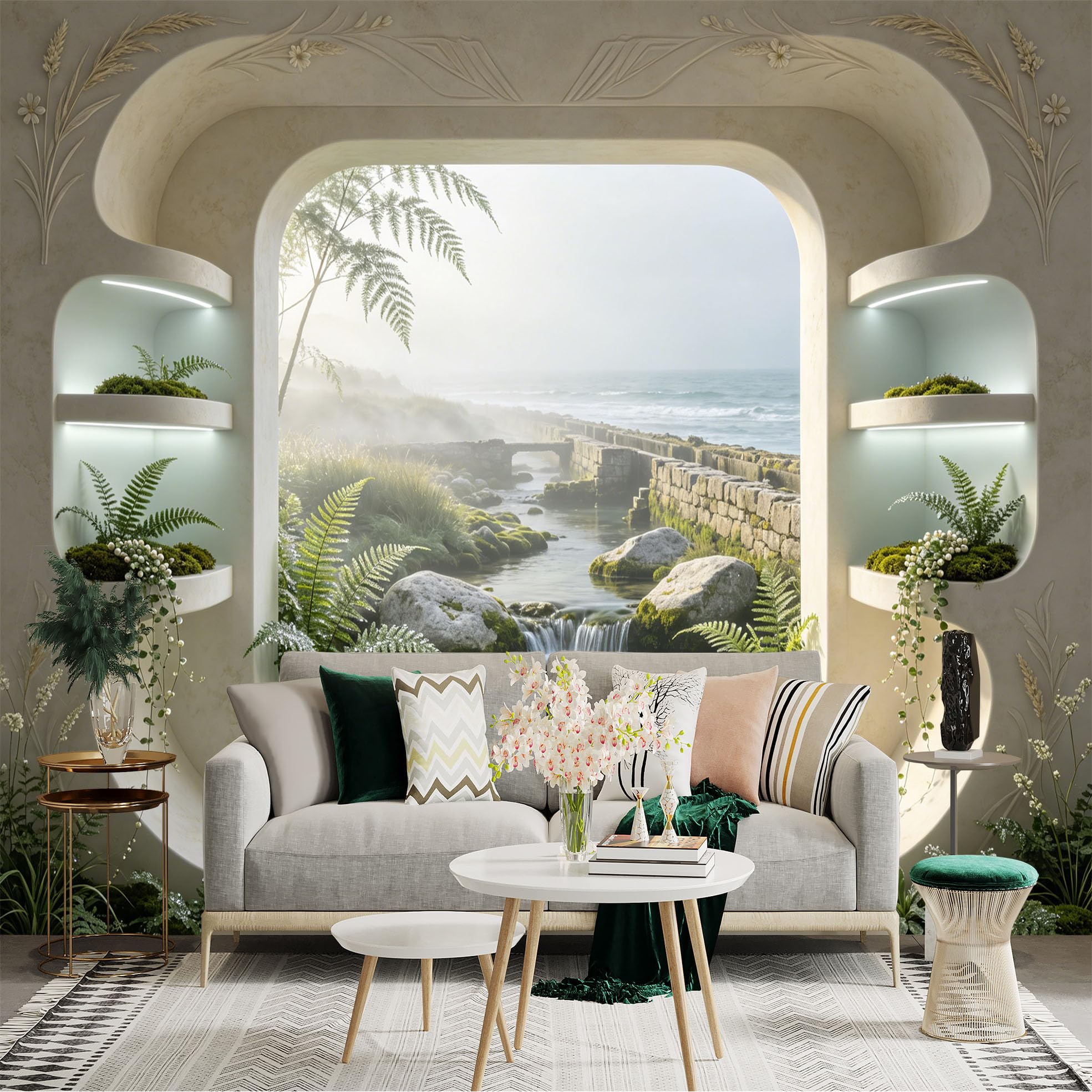Custom Size Wall Sticker Mural， Serene Coastal Stream with Stones Ferns and Misty Landscape， for wall Decoration， peelandstick wall Decals.