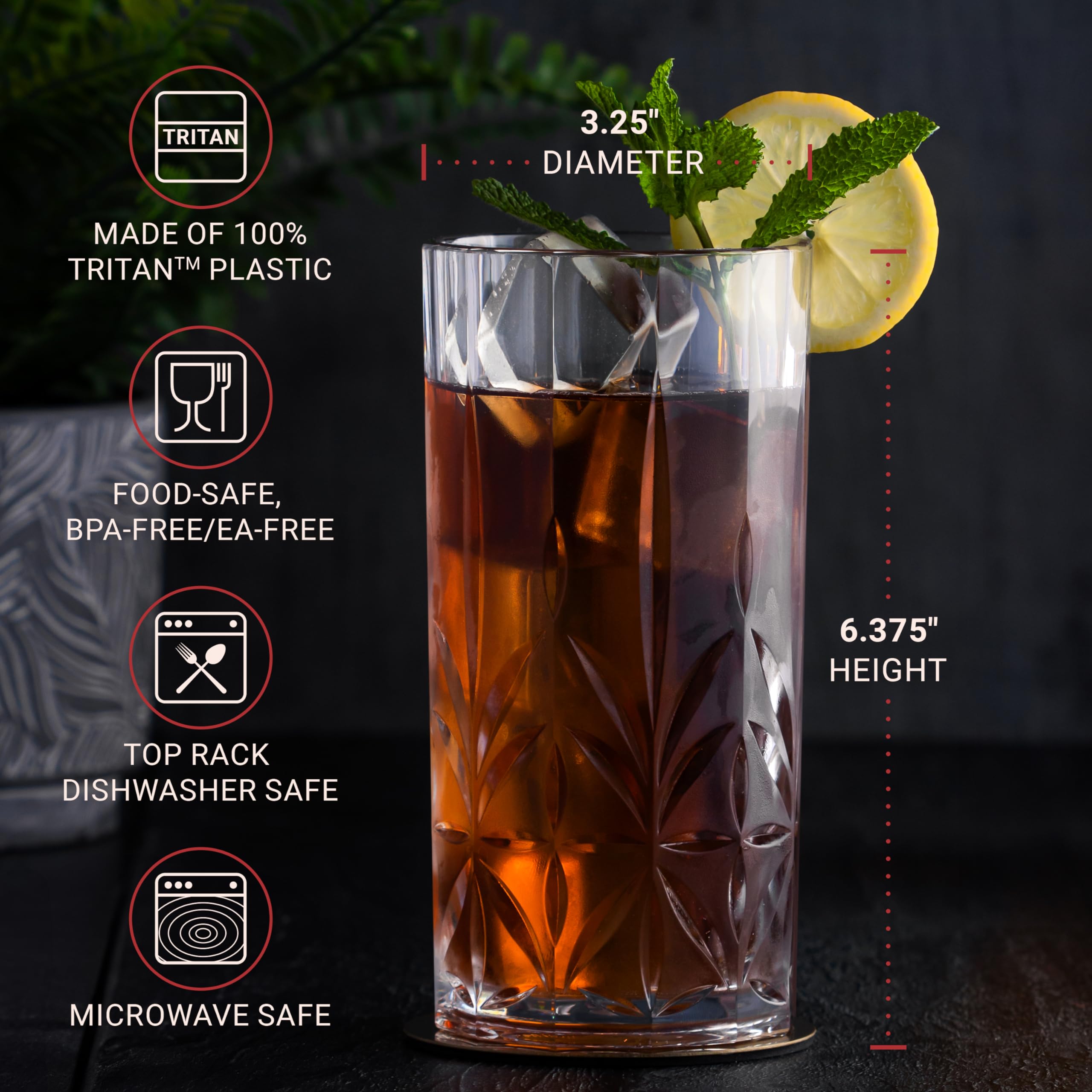 Bravario Vasos de plástico irrompibles para agua potable, aptos para lavavajillas, vasos 100 % Tritan, sin BPA, inastillables, para exteriores, 18 onzas, juego de 6
