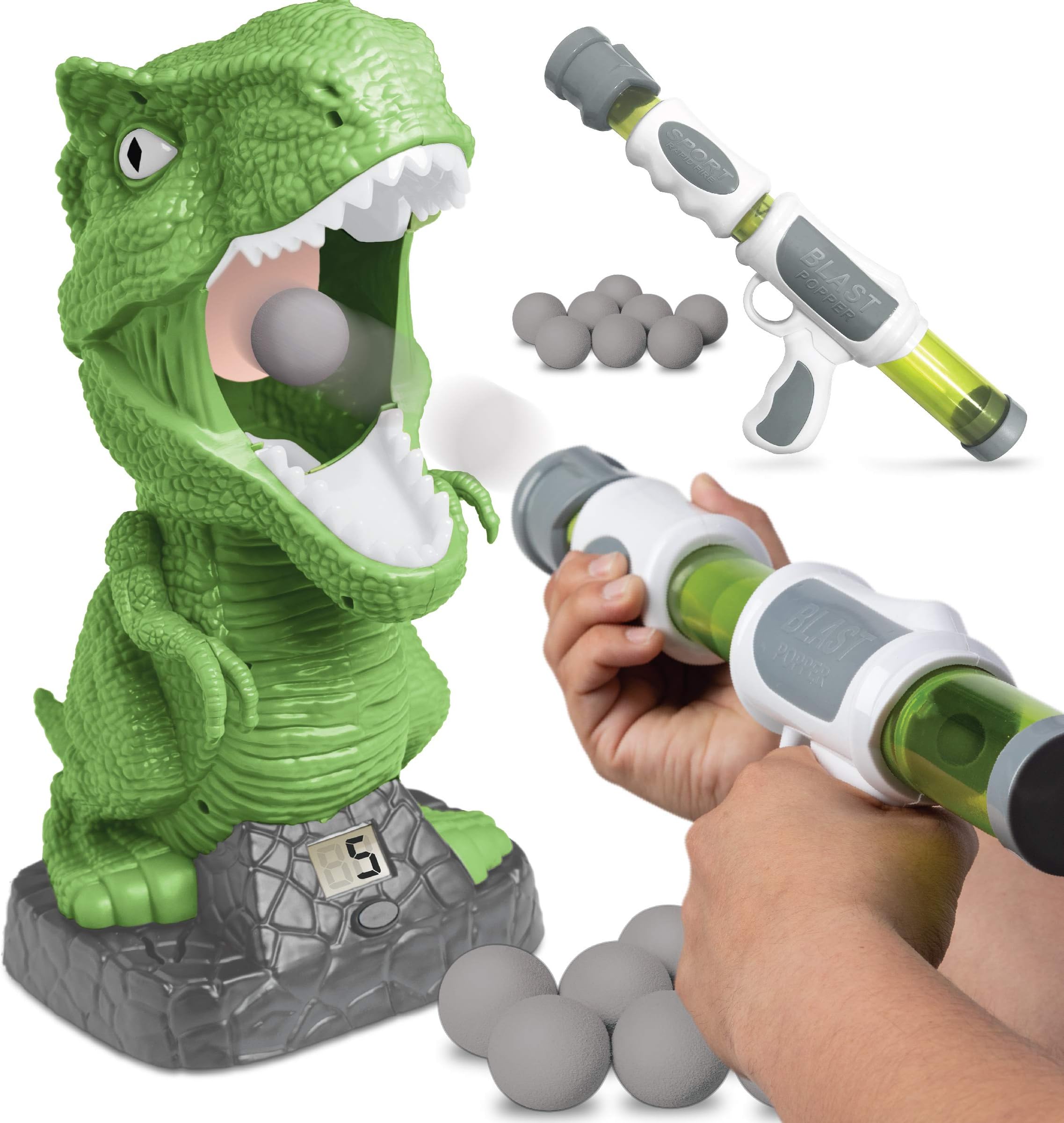 Discovery Hungry T-Rex Feeding Game, Carnival Style Shooting Target Competition for Kids, 8 Indoor Safe Foam Balls with Air Launcher, Electronic LCD Screen with Lever Tongue, Great for Ages 6 & Up