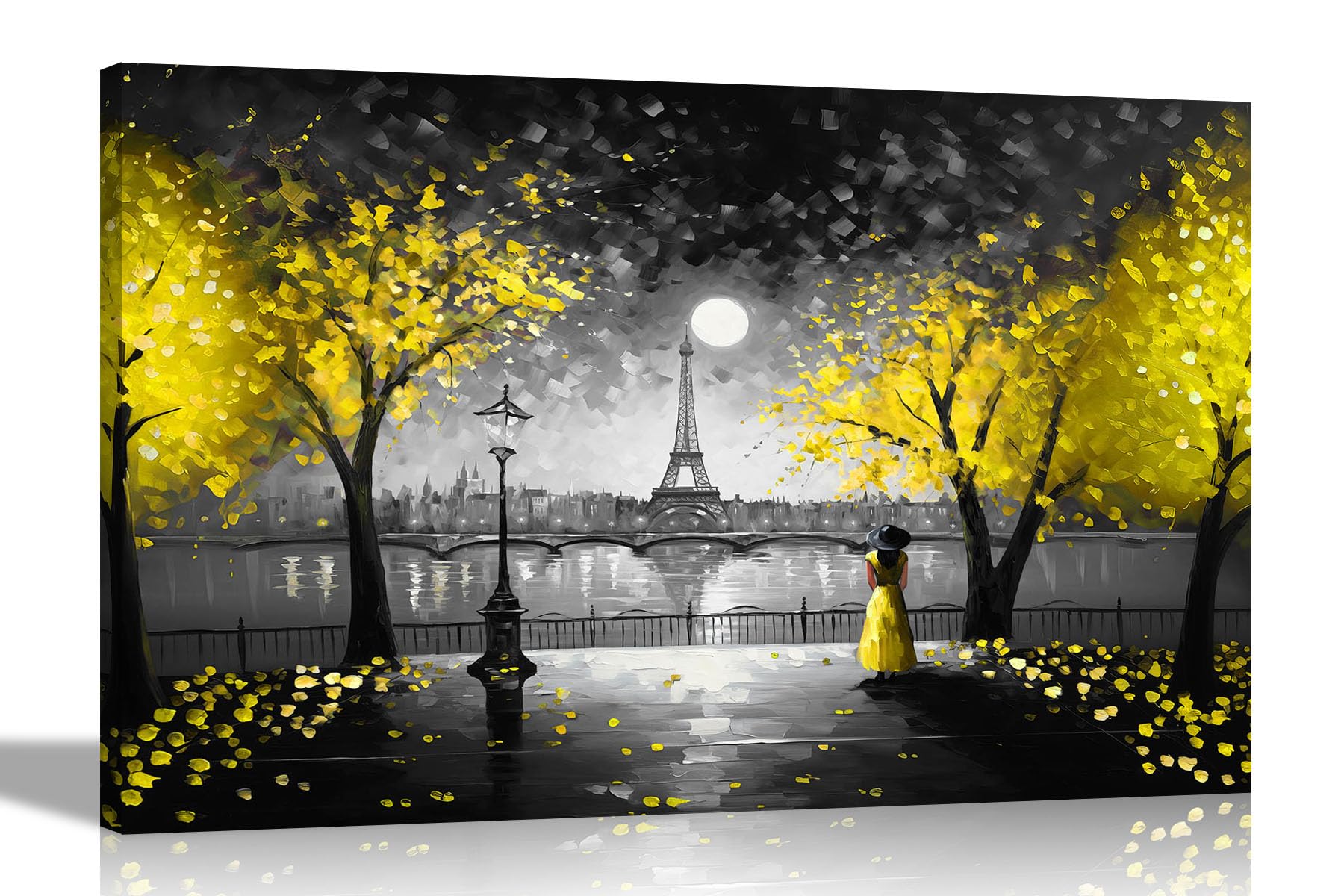 Artley Prints Yellow Black And White Moonlight Eiffel Tower Canvas Pictures For Living Room - Wall Art For Bedroom, Hallway - Modern 51 X 35Cm (20 X 14 Inches)