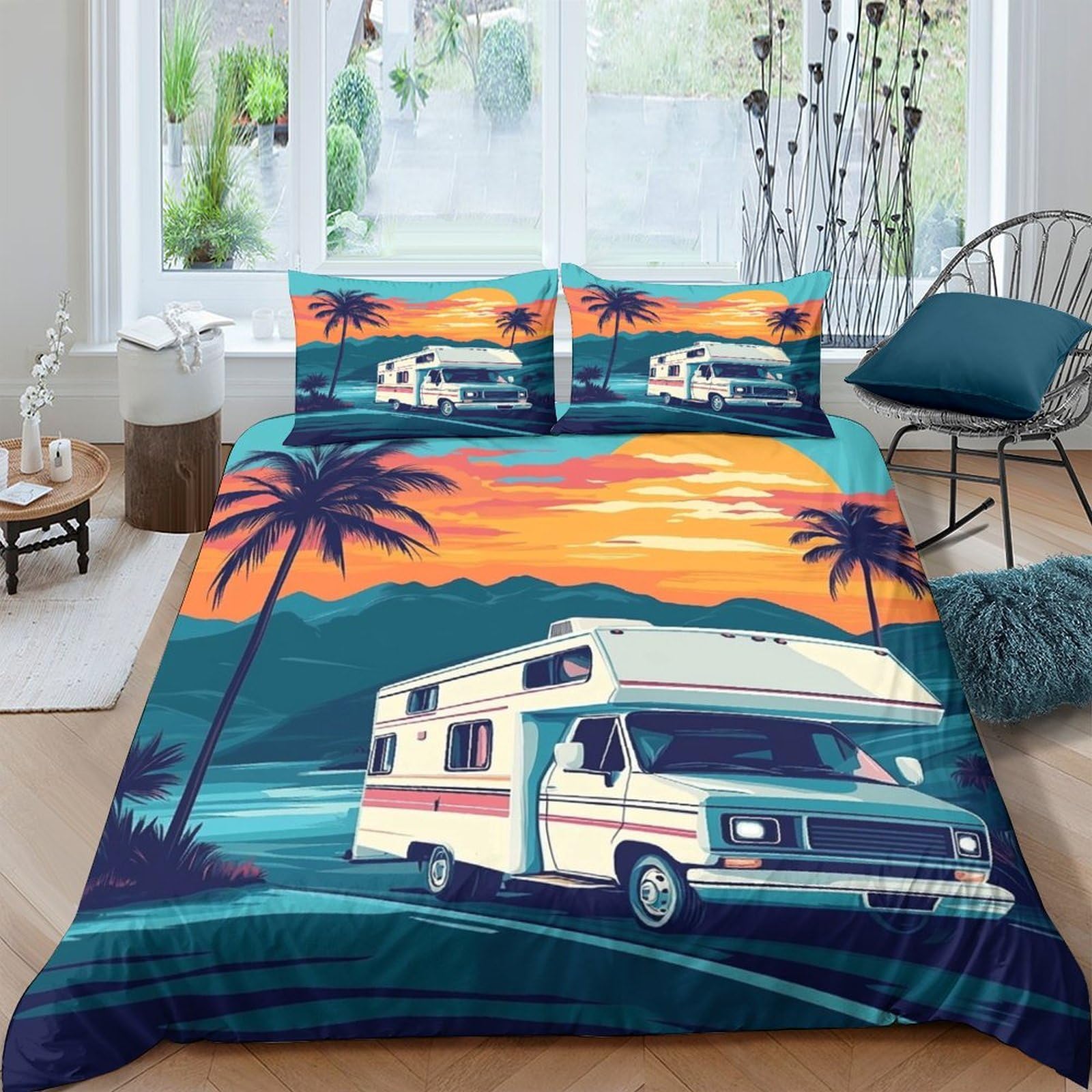Ctjqhvkz Style-1 3D Printed Sunset Palm Fitted Sheet Microfiber Camper Van Mattress Cover For Bedroom Guest Room Home Decor Single（135X200cm）