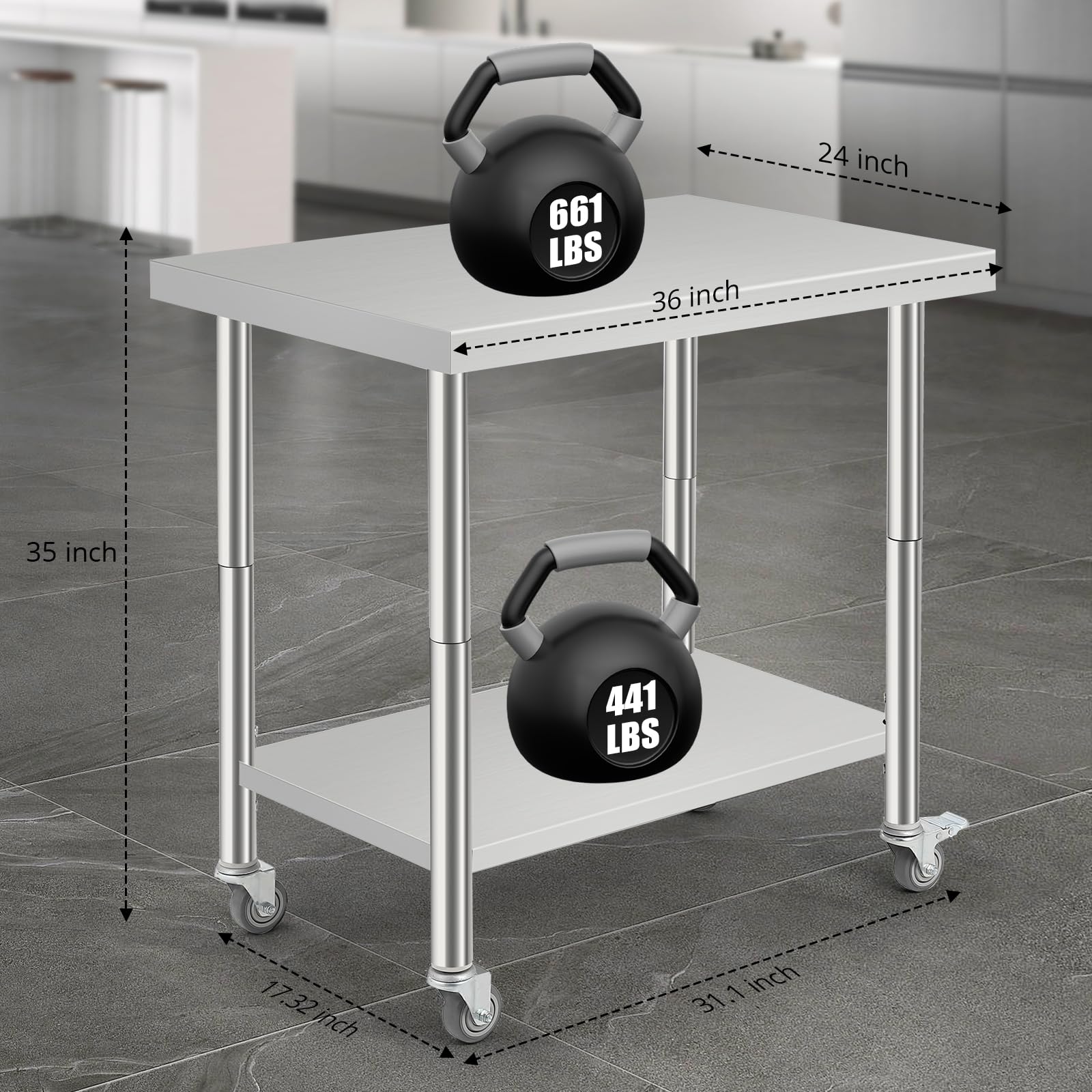 Mesa de preparación de acero inoxidable de 36 x 24 pulgadas, mesas de trabajo comerciales y estaciones de trabajo con soporte extraíble para bolsa de basura, mesa de utilidad de metal con ruedas para