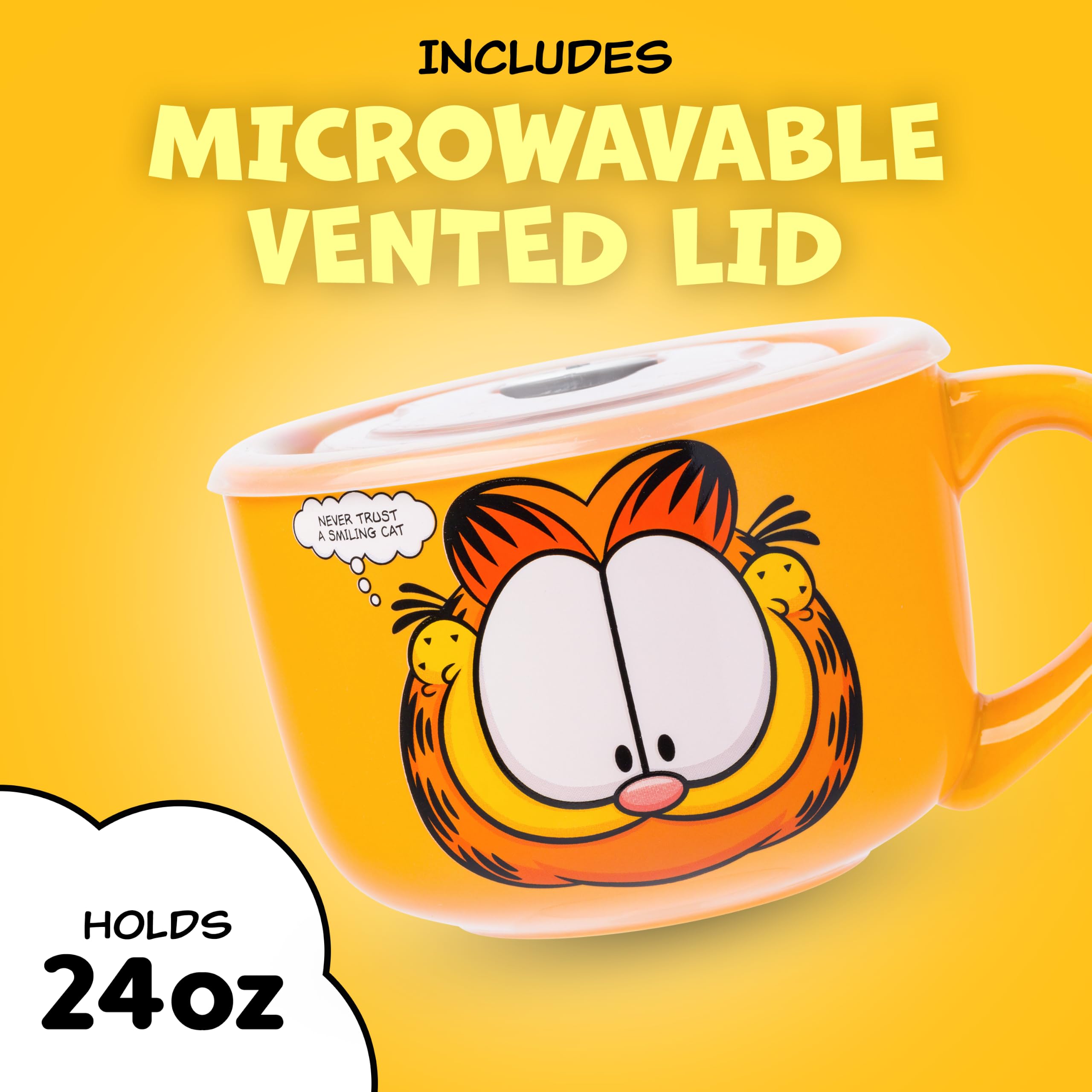 Silver Buffalo Garfield Tasse à soupe en céramique avec couvercle en plastique ventilé « Never Trust a Smiling Cat » 710 ml