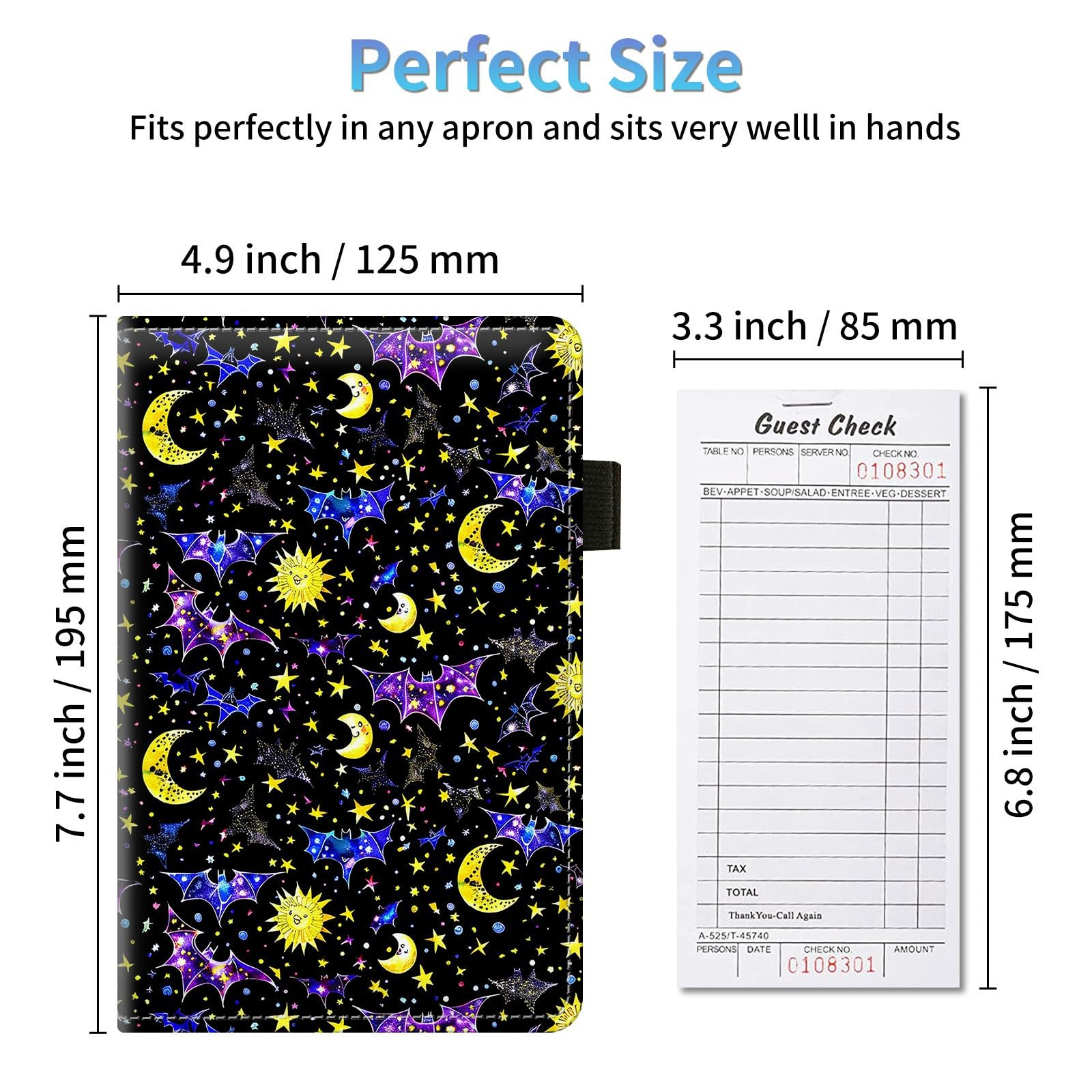 Server Books for Waitress, Server Book Organizer, PU Leather Waiter Book Organizer with Zipper Pocket Guest Checks Books Holder for Restaurant Fit Server Apron, Sun Moon Stars