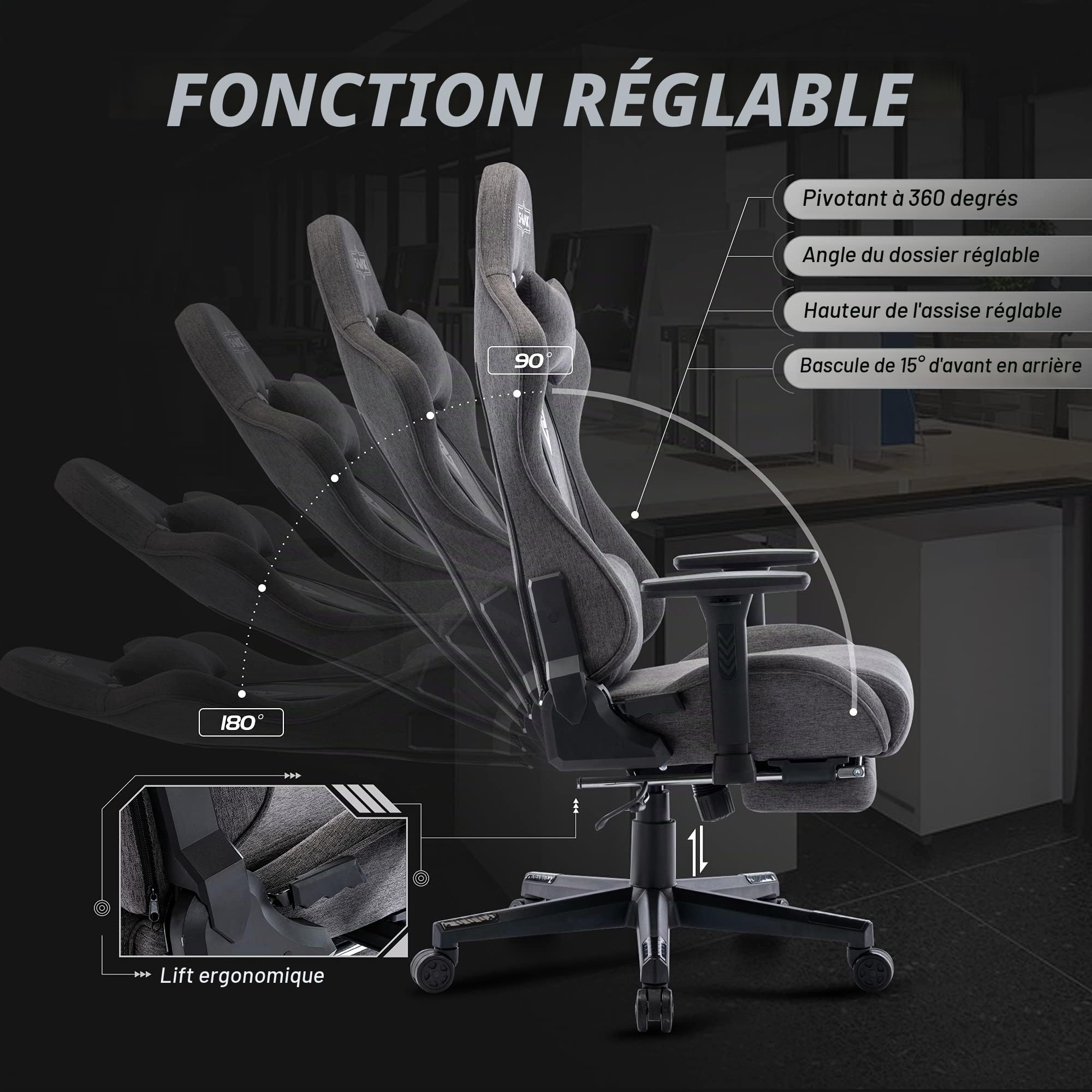 S*MAX Chaise Gaming avec Repose Pieds Siège épais Chaise Gamer Ergonomique avec Accoudoir 3D Appui-tête en Tissu et Support Lombaire Siege Gaming Gris