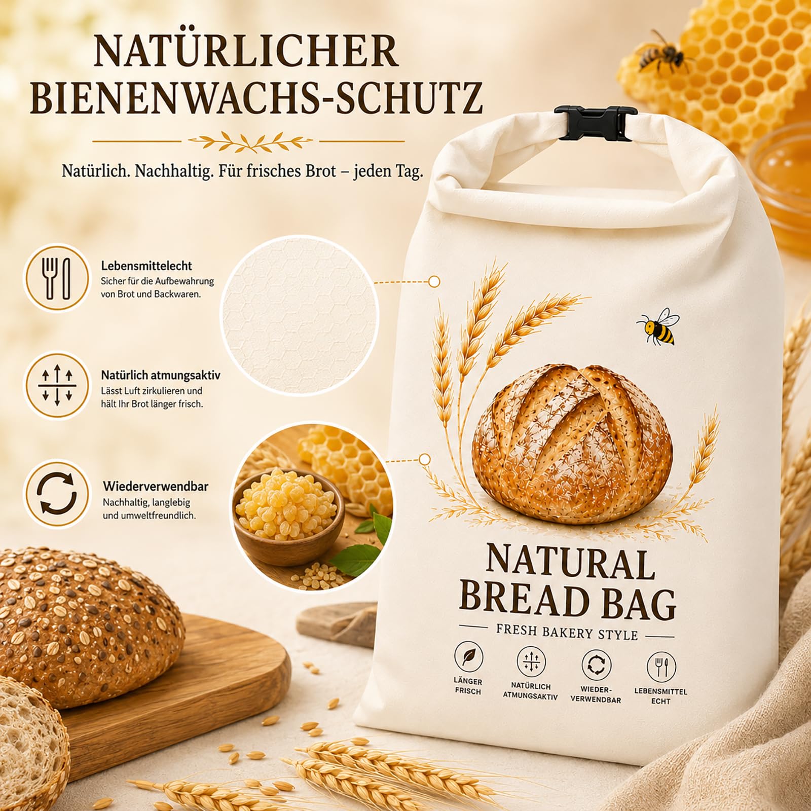 2 sacchetti per il pane in cera d'api, 42 x 33 cm, riutilizzabili, in cotone e TPU, con chiusura a clip, per pane, toast, baguette, panini, croissant, bagel e prodotti da forno