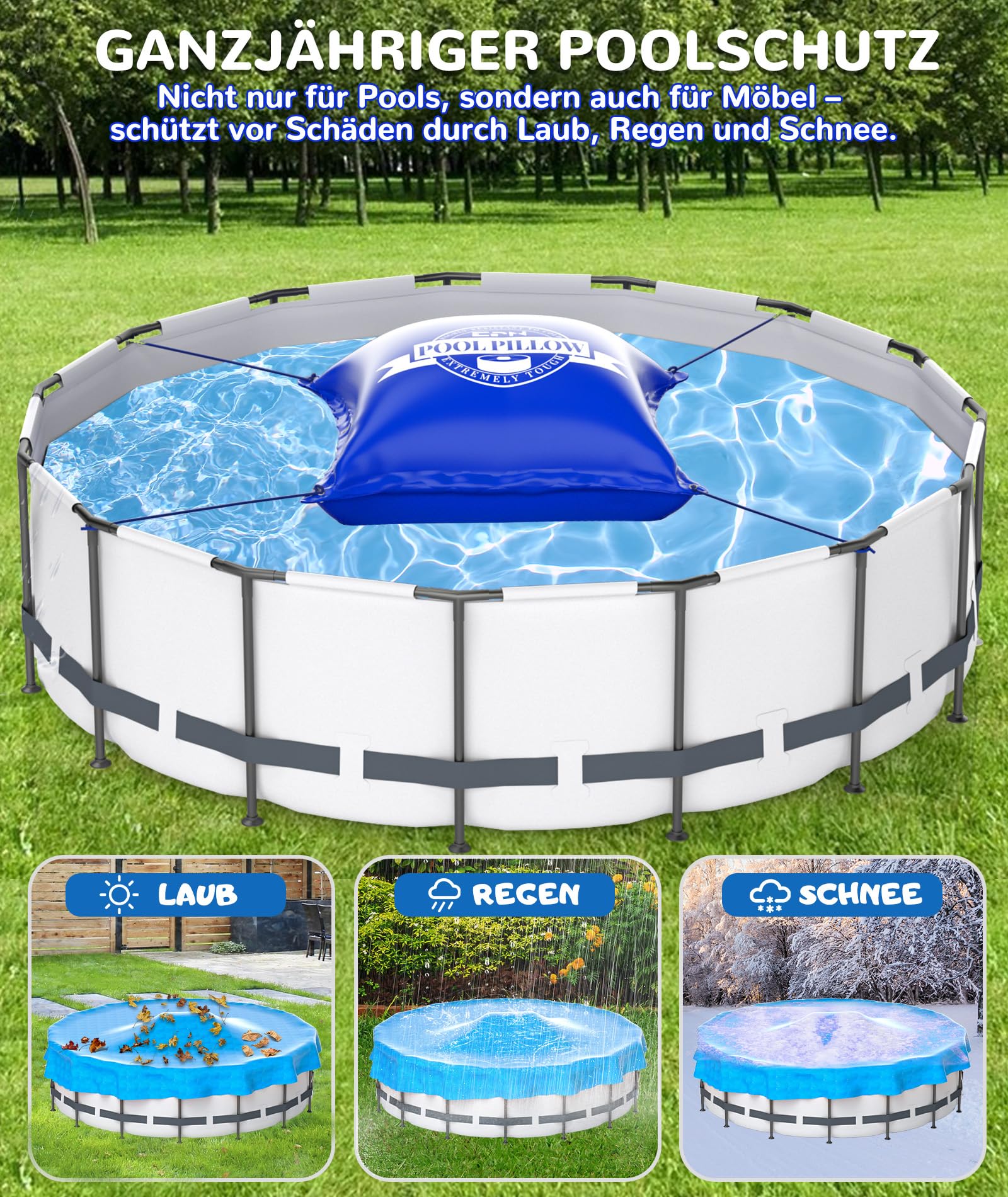 EPN Poolkissen für Aufstellpools, 120x120 cm, 0,5 mm Starkes kältebeständiges PVC Luftkissen für Poolabdeckungen mit Befestigungsseil, Winter Poolkissen zur Poolüberwinterung und EIS-Druckentlastung,