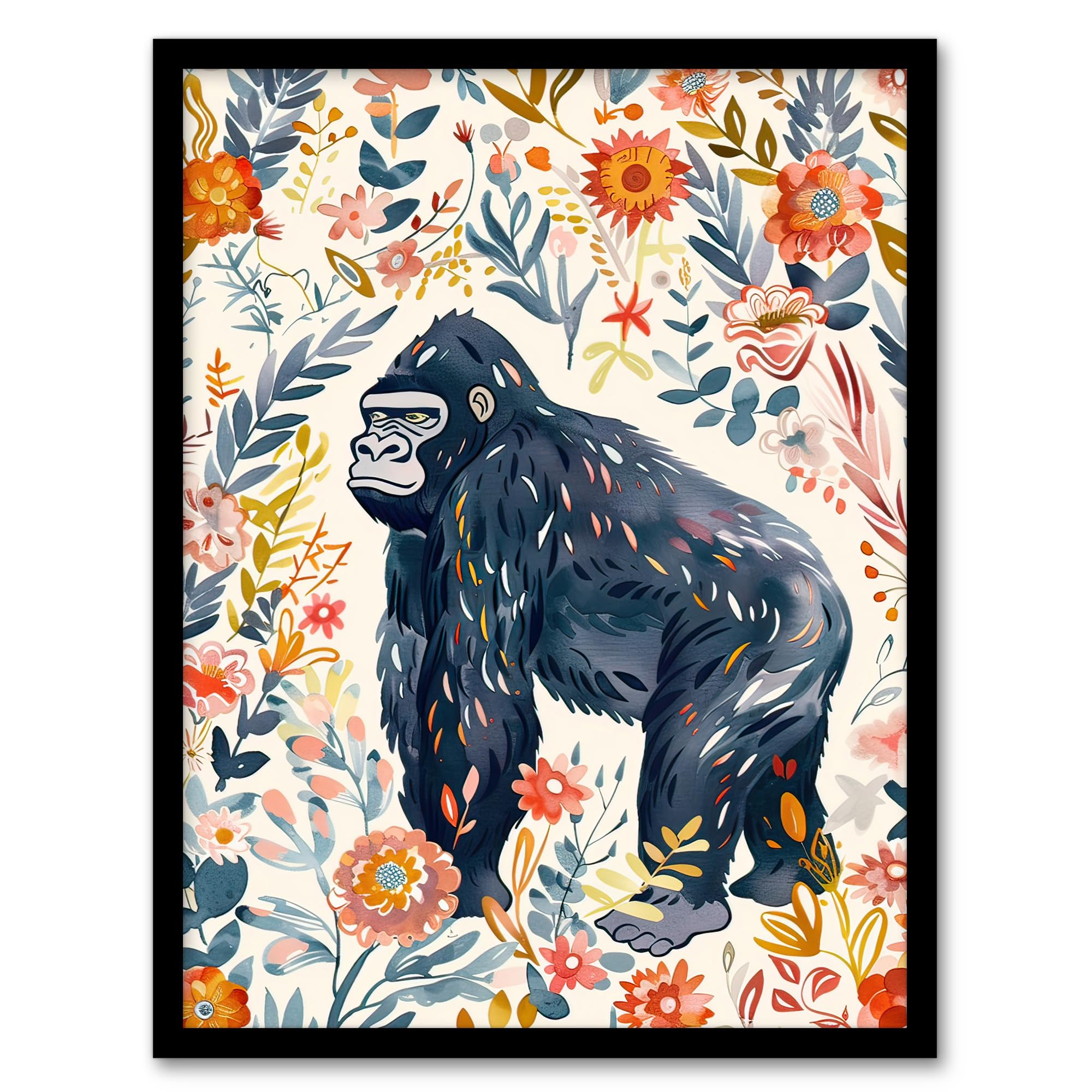 Artery8 Gorilla Ape with Wildflowers Floral Watercolour Living Room Artwork Framed Wall Art Print 18X24 Inch