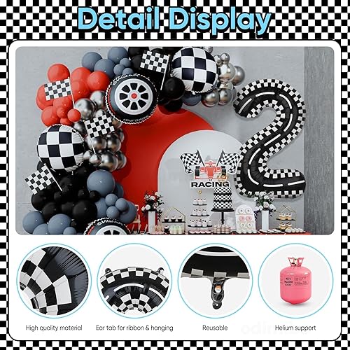 Miniatura 3 de Globos de helio de auto de carreras gigante de 40 pulgadas, 2 globos de aluminio Mylar negro número 2 para dos, decoración de cumpleaños rápido