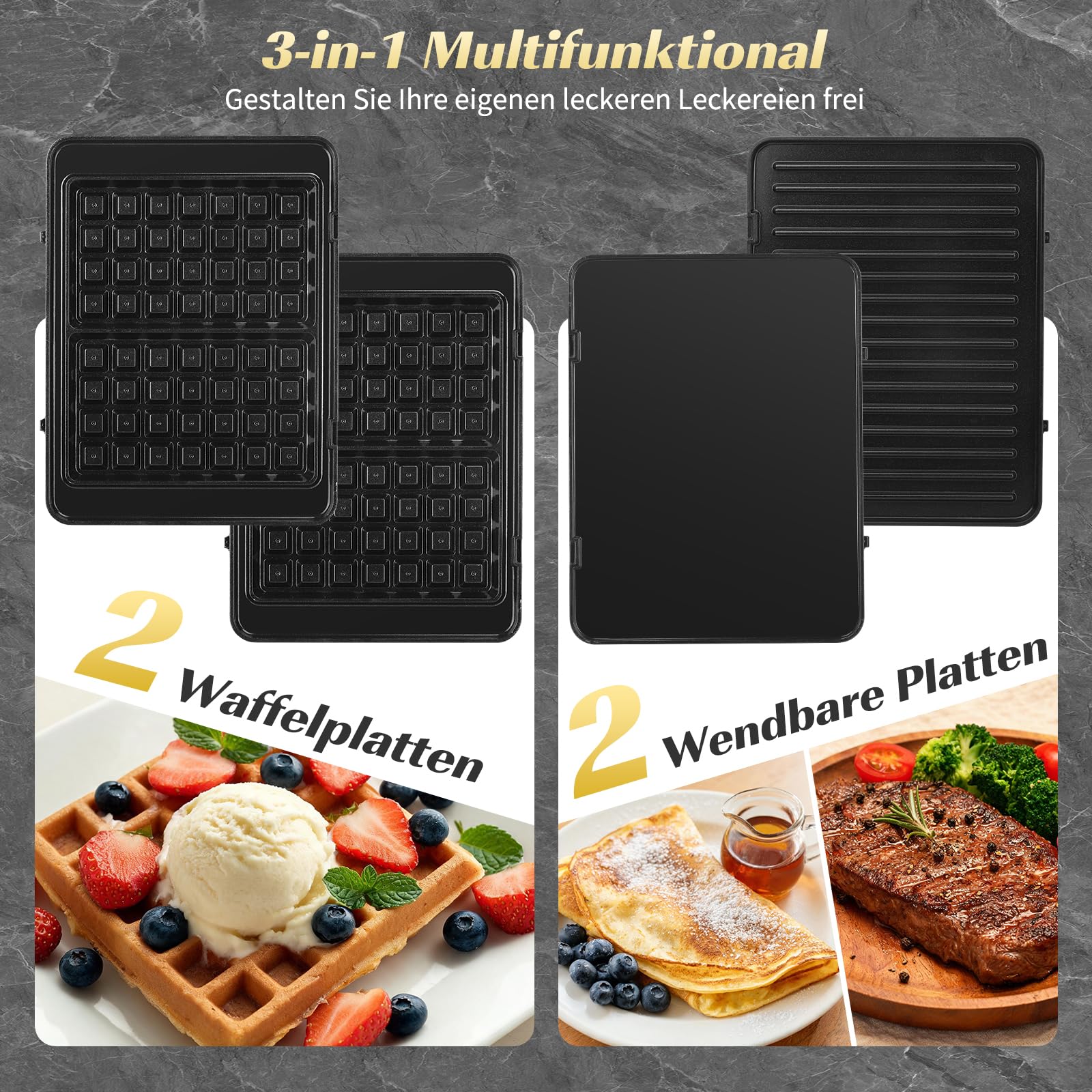 Aigostar Waffeleisen, Kontaktgrill & Sandwichmaker 3 in 1, XL, 1500 W | keramische Antihaftbeschichtung, einstellbare Temperatur, Multifunktionsgerät mit abnehmbaren Platten, BPA- und PFAS-frei