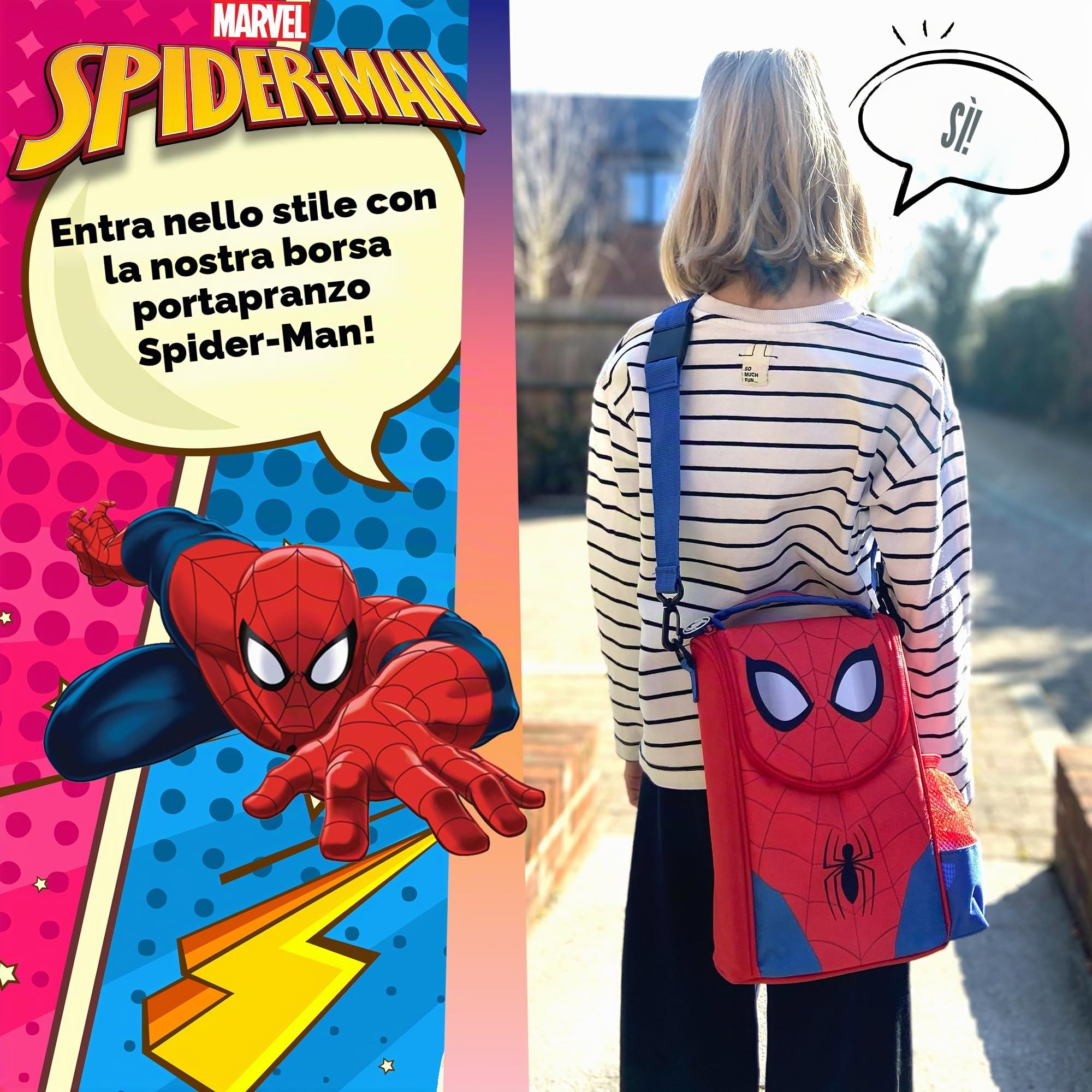Marvel Borsa portapranzo Spiderman con tracolla e tasca laterale per bottiglia per bambini per la scuola isolata termica grande cibo Carier per ragazzi