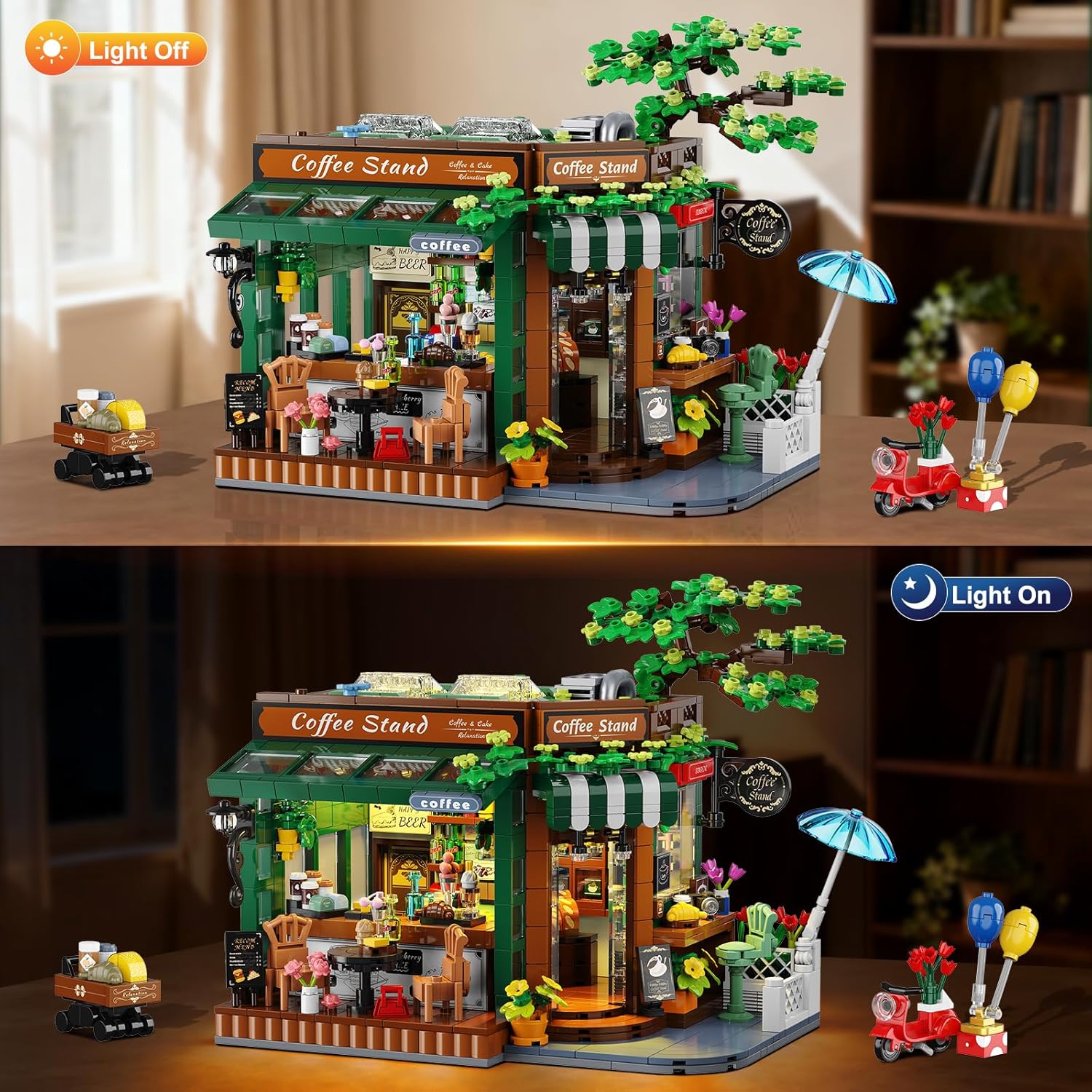INSOON City Street Café House Building Set with Lights, 1493 PCS Retro Coffee Stand Building Block with Openable Design, Coffee Shop Model for Home Decor, Gift for Adults Women Teens Boys Girls 12+