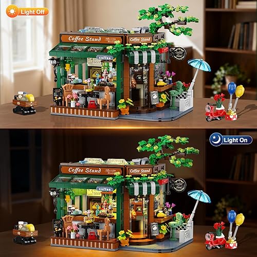 Miniatura 3 de Juego de construcción de soporte de café callejero con luz LED, kit de bloques de construcción de casa de café urbano, arquitectura clásica de